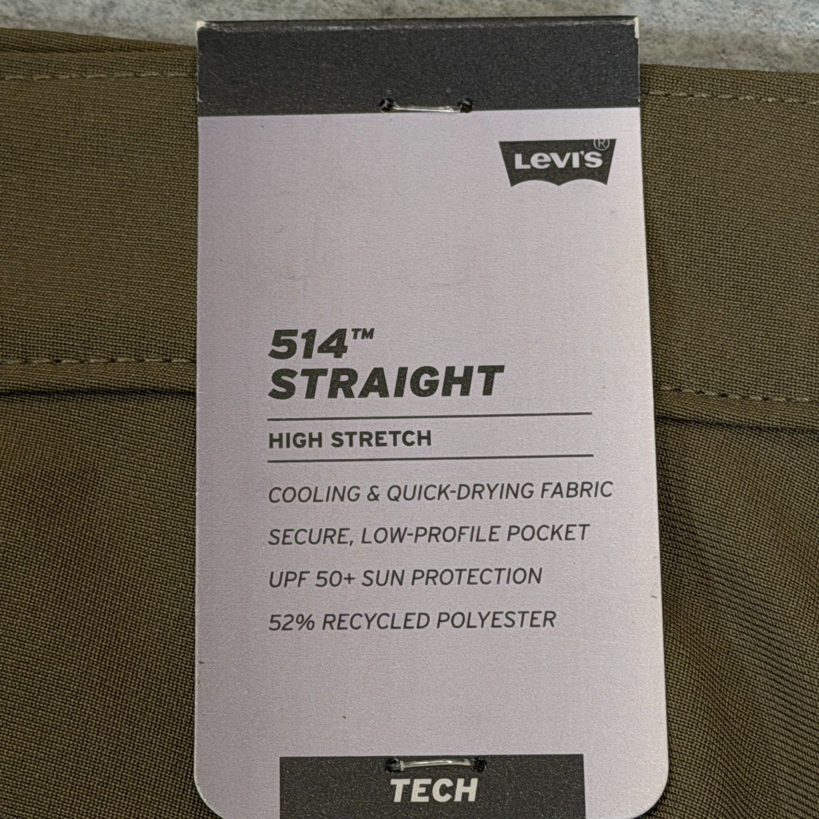 Levis Mens 514 Straight Fit Tech Pants Crocodile Brown Stretch Fit Cooling 40×30