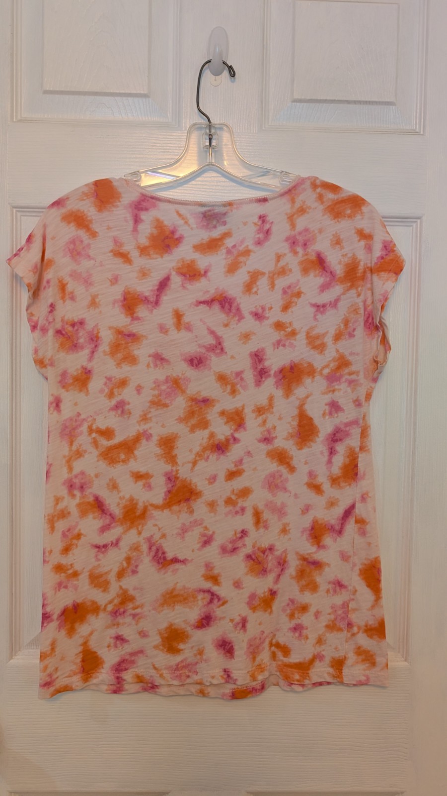 J Jill Tie Dye Tee Shirt Pink Orange White 100% Soft Cotton Round Neckline S Euc
