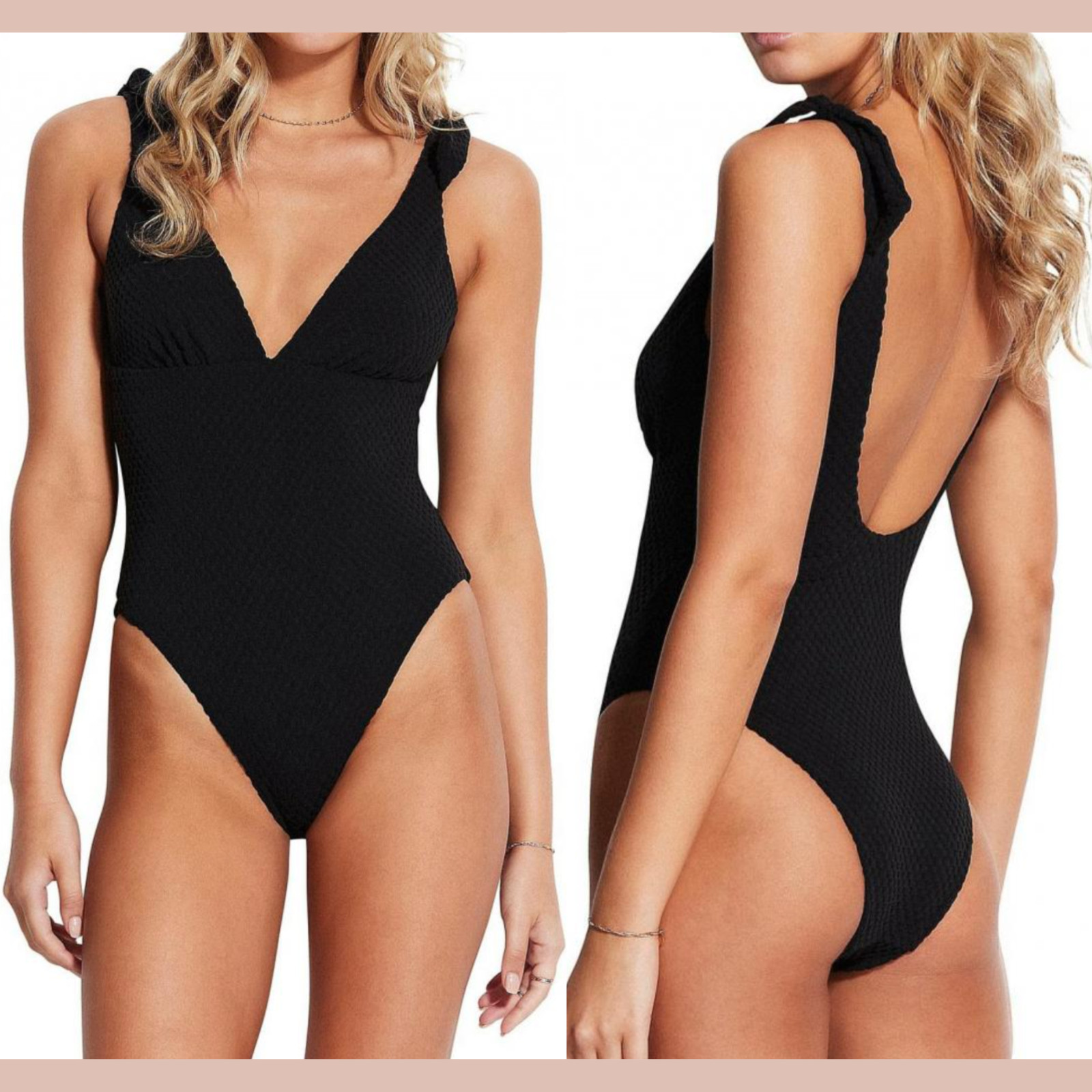 NWT $128 Seafolly [ 8 US ] Riviera Deep V-Neck One-Piece Swimsuit Black U1863