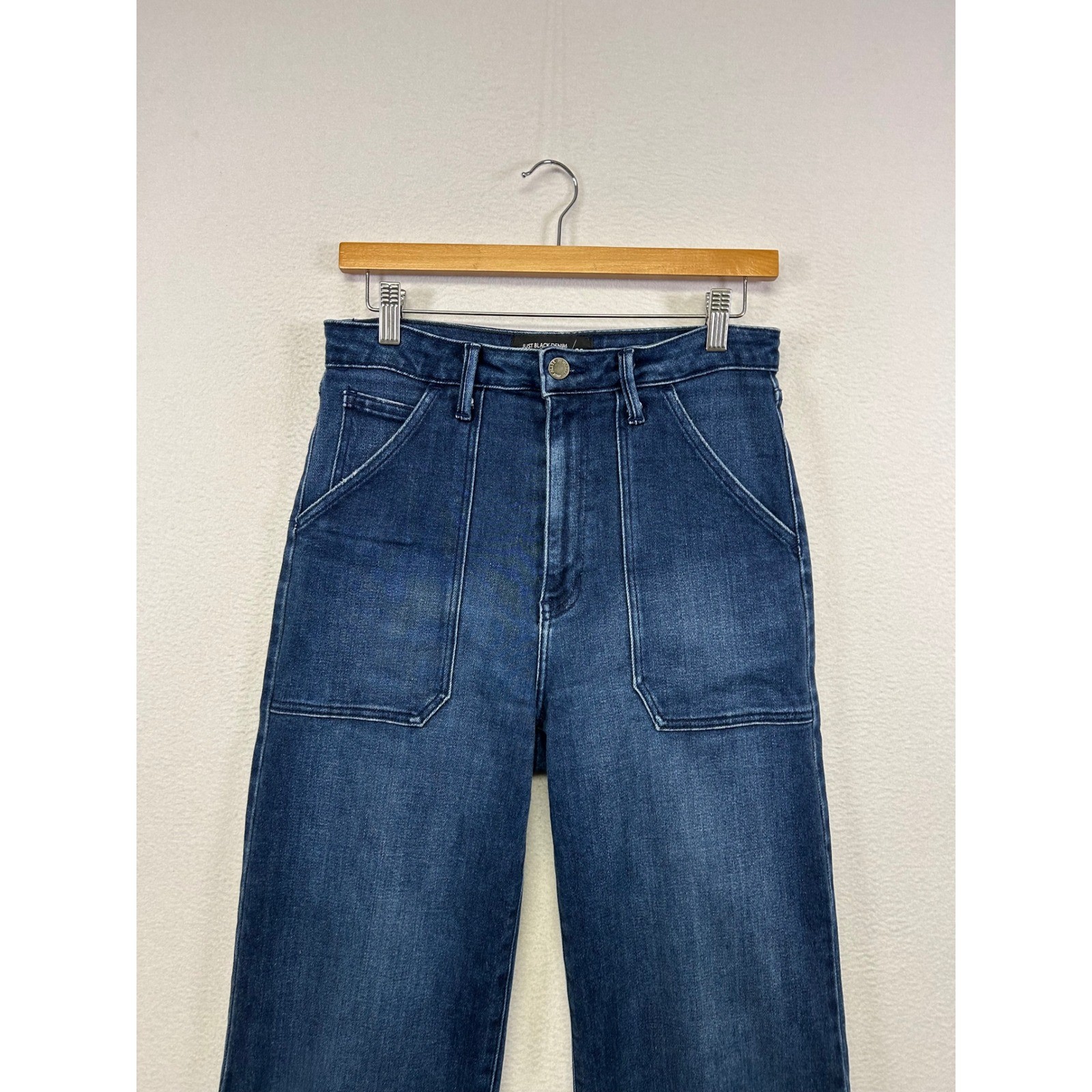 Utility Boho Just Black Denim Womens 29 Dark Blue Wide Leg Raw Hem Jeans BP339J