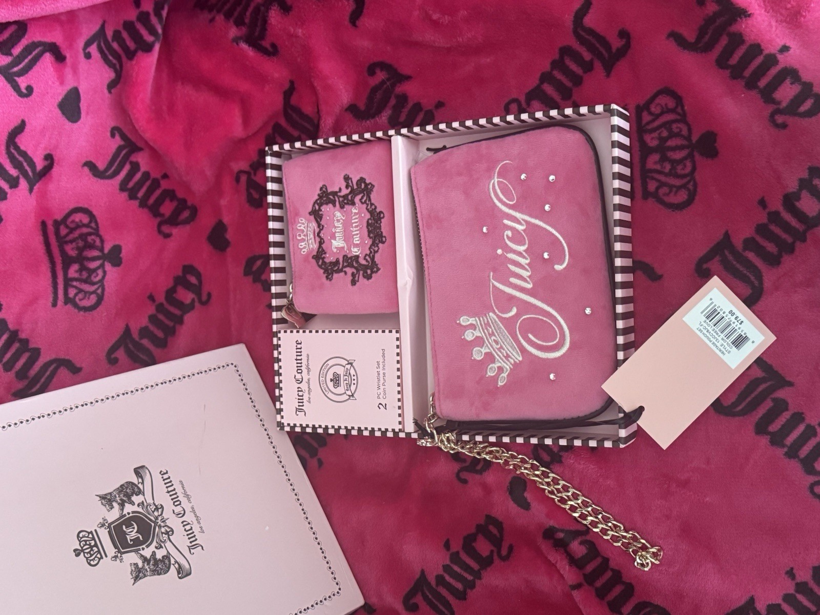 Juicy Couture Pink Zip-Around Wristlet Wallet, Chain Strap, Rhinestone Logo