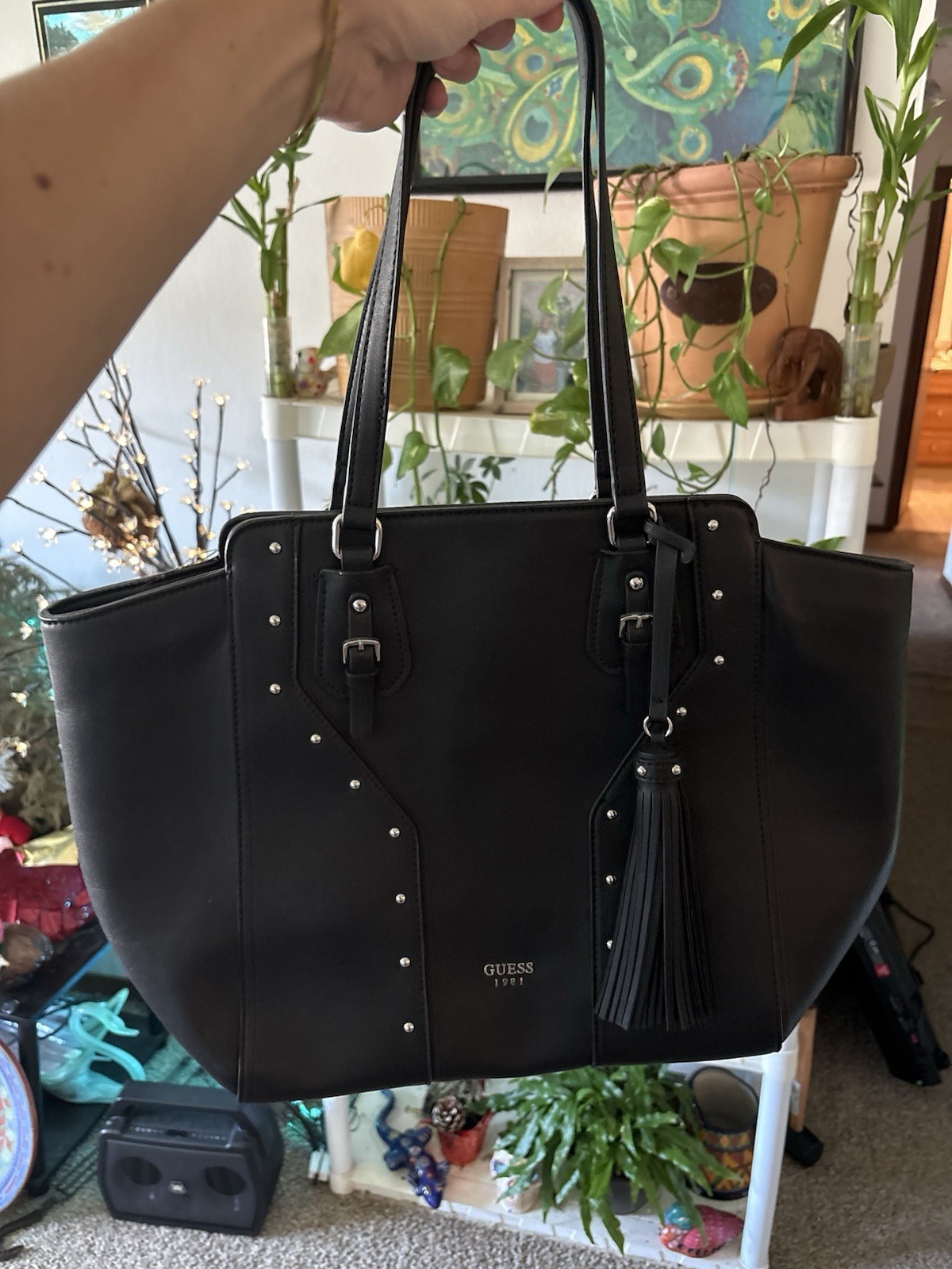 GUESS Black Large Tote Bag Studded Tassel Charm, excellent condition