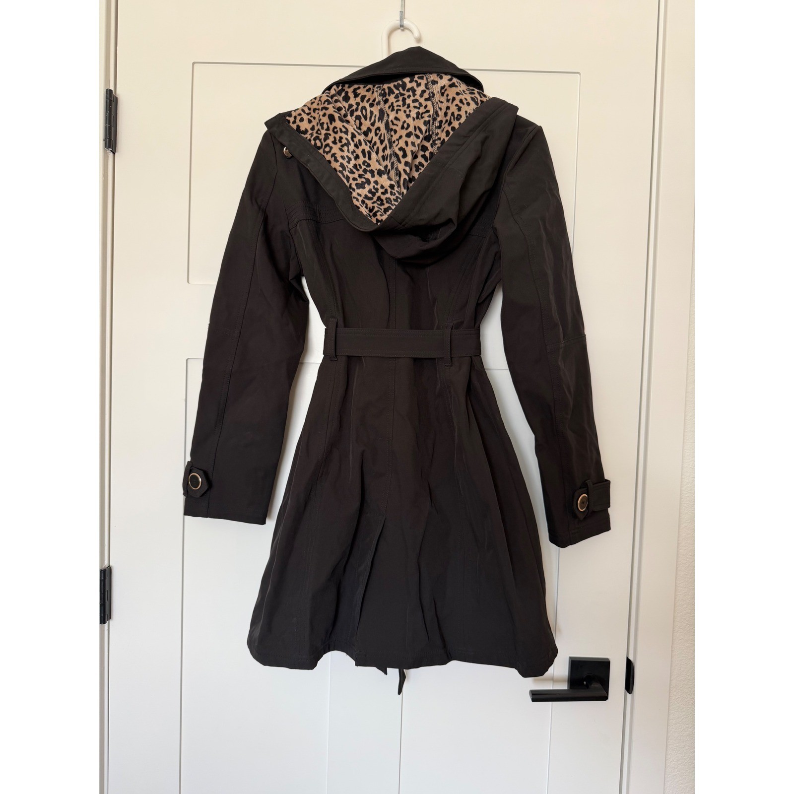 Nicole Miller New York Trench Coat Black Belted Leopard Hood Moto Zip Womens M