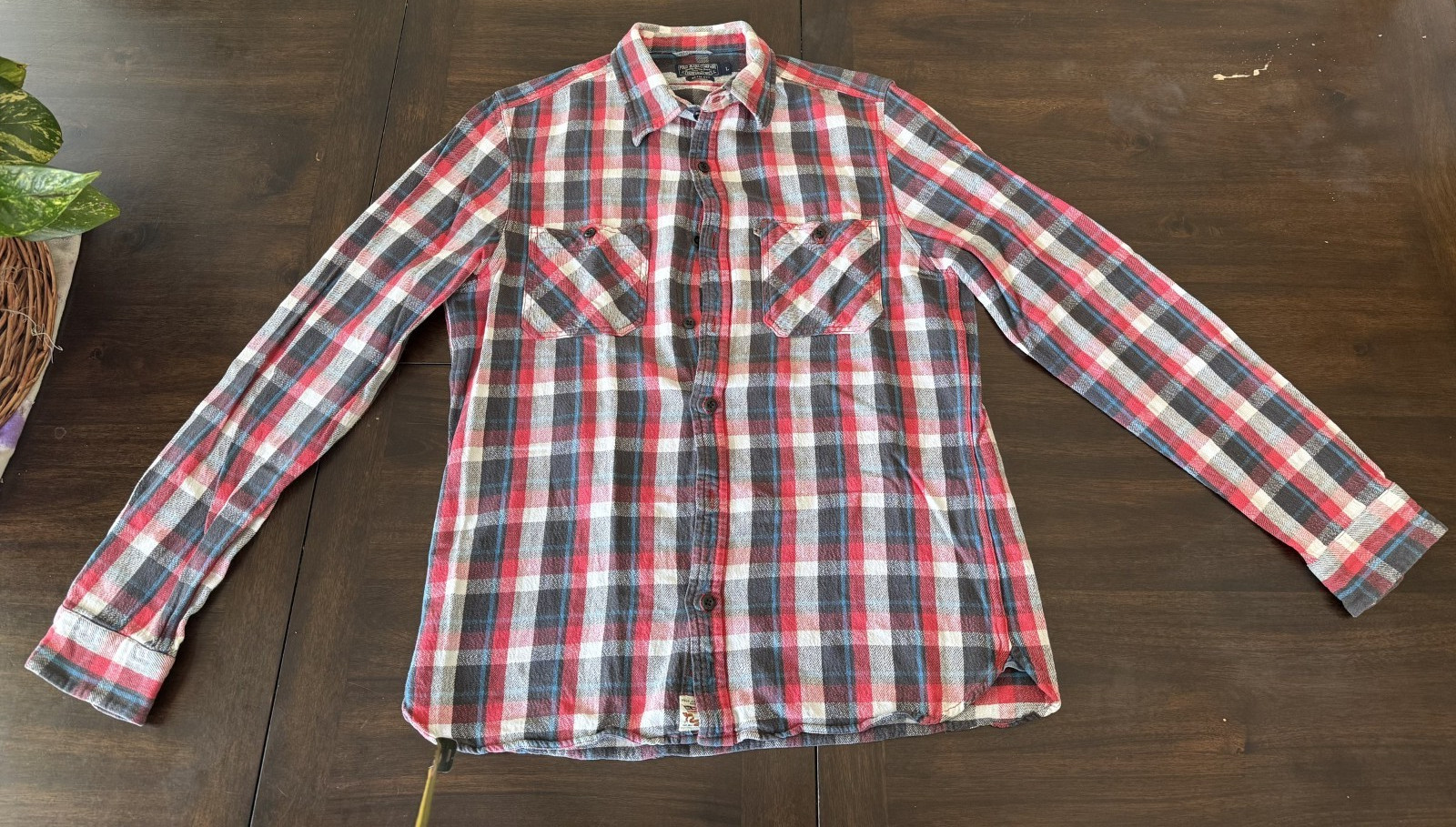 Polo Jeans Co Ralph Lauren Mens L Slim Fit Red Plaid Flannel Shirt USA Flag Y2K