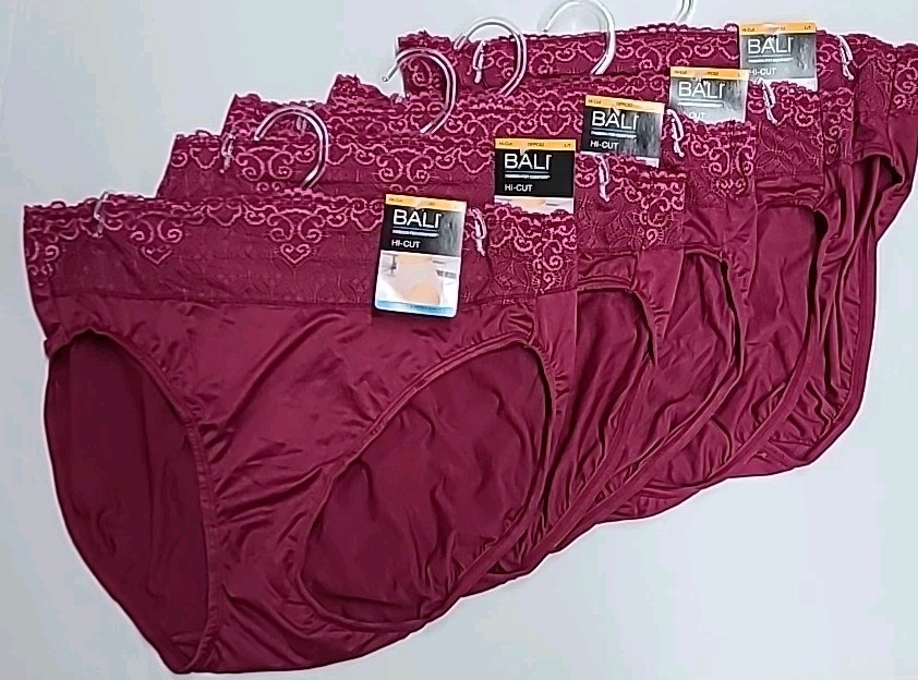 BALI Hi-Cut Underwear Panties 5-Pair Smoothing DFPC62 Maroon RED L/7 Large NWT