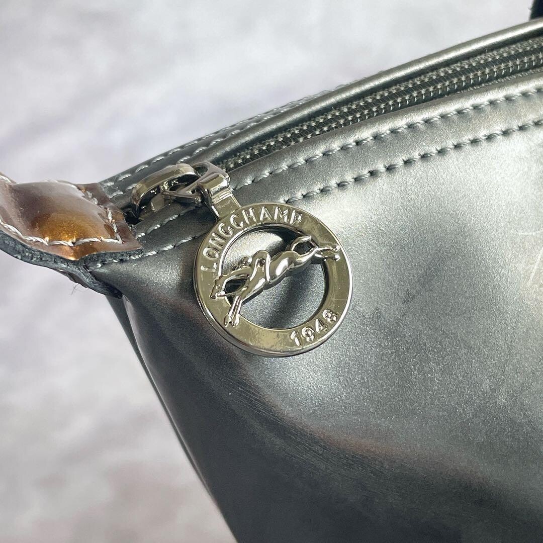 Longchamp Le Pliage Metallic Silver Gray Embossed Logo Tote Brown Trim Y2K Auth