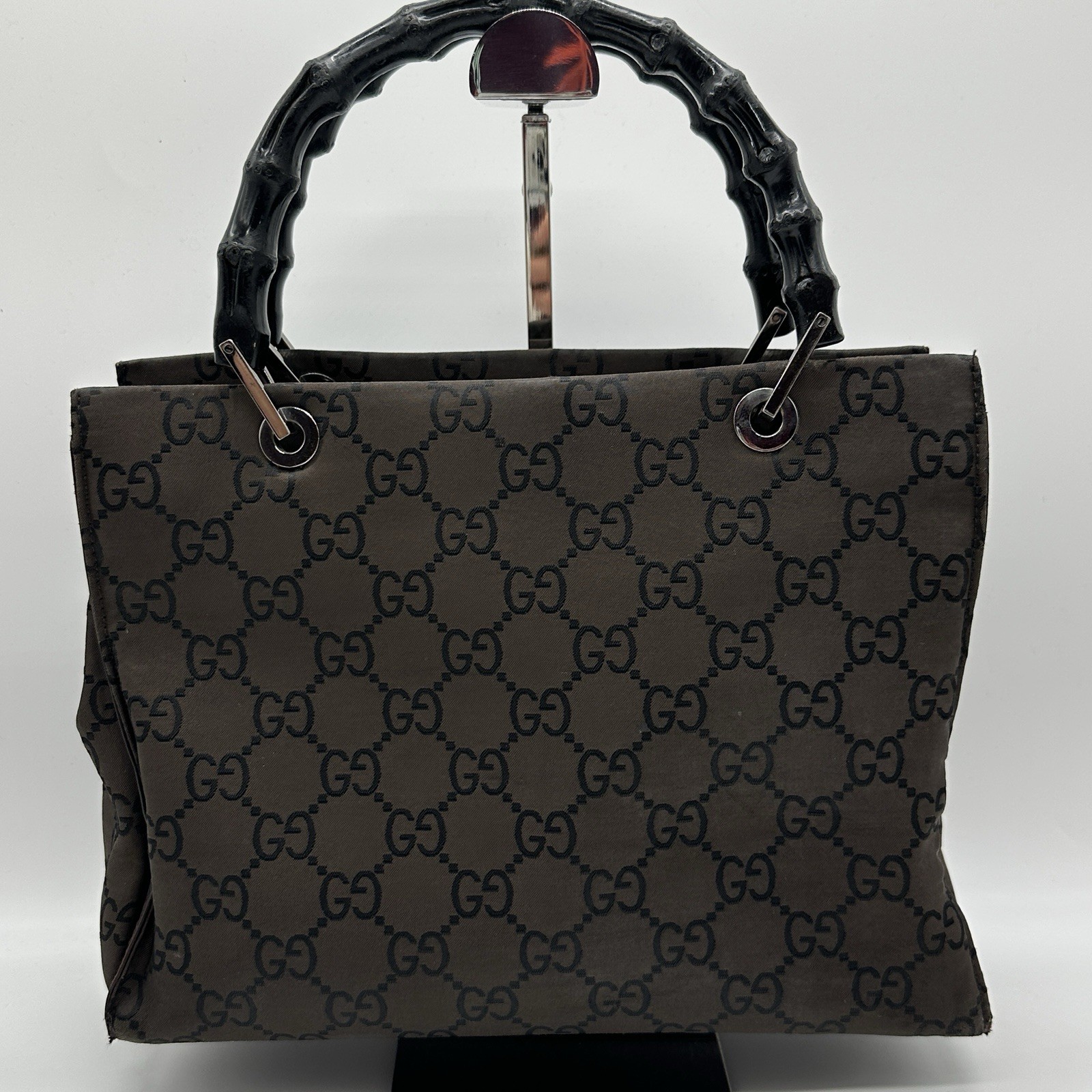 Gucci Handbag Bamboo GG Nylon Dark Brown Purse Double Handle Authentic
