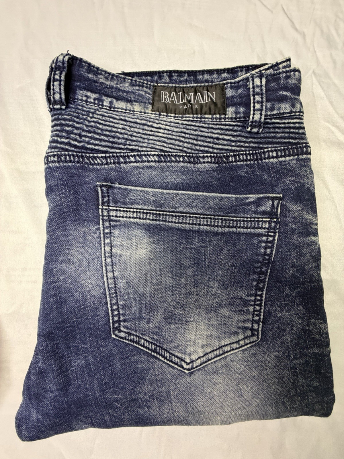 Balmain Paris Men’s Blue/Black Distressed Slim Tapered Biker Denim Jeans