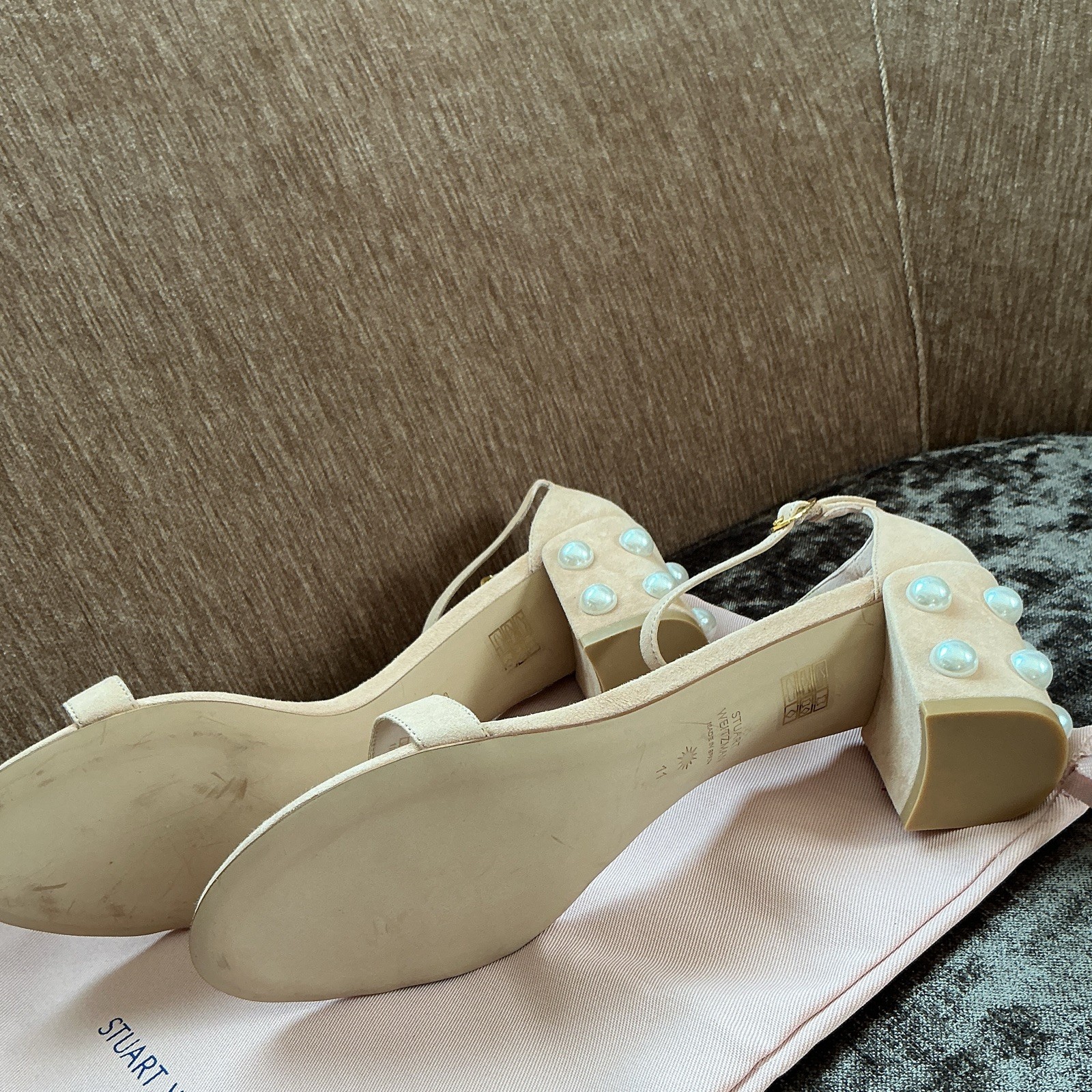 Stuart Weitzman Beige Suede Strappy Ankle Strap Pearl Sandals Womens 11 M