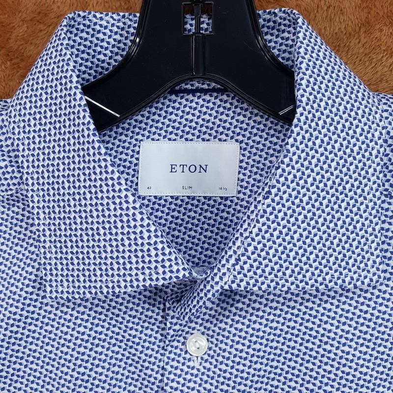 ETON Dress Shirt Mens Size 16.5 42 Blue White Geo Pattern Slim Button Up $280