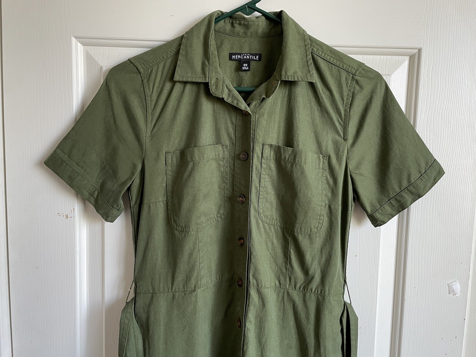 J. Crew Women’s Size 00 Green button up short sleeve Pockets Tie shirt dress