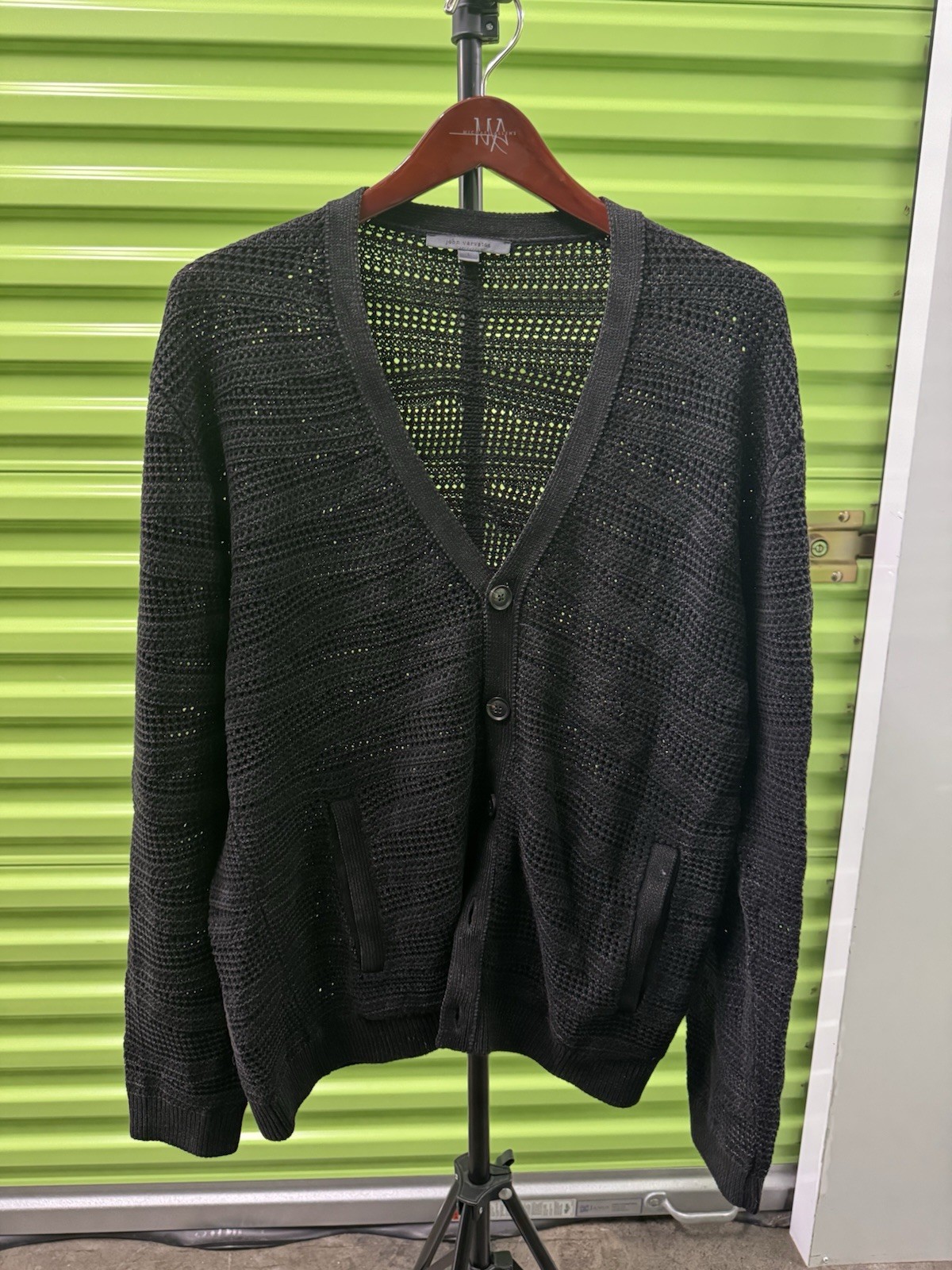 John Varvatos Men’s Black Cotton Knit V-Neck Open-Knit Button Cardigan Sweater L