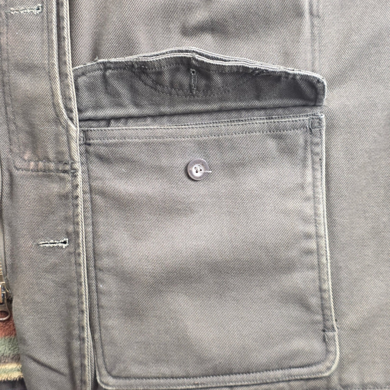 Woolrich Field Jacket Mens 2XL Olive Canvas Barn Chore Fleece Lined Leather Trim