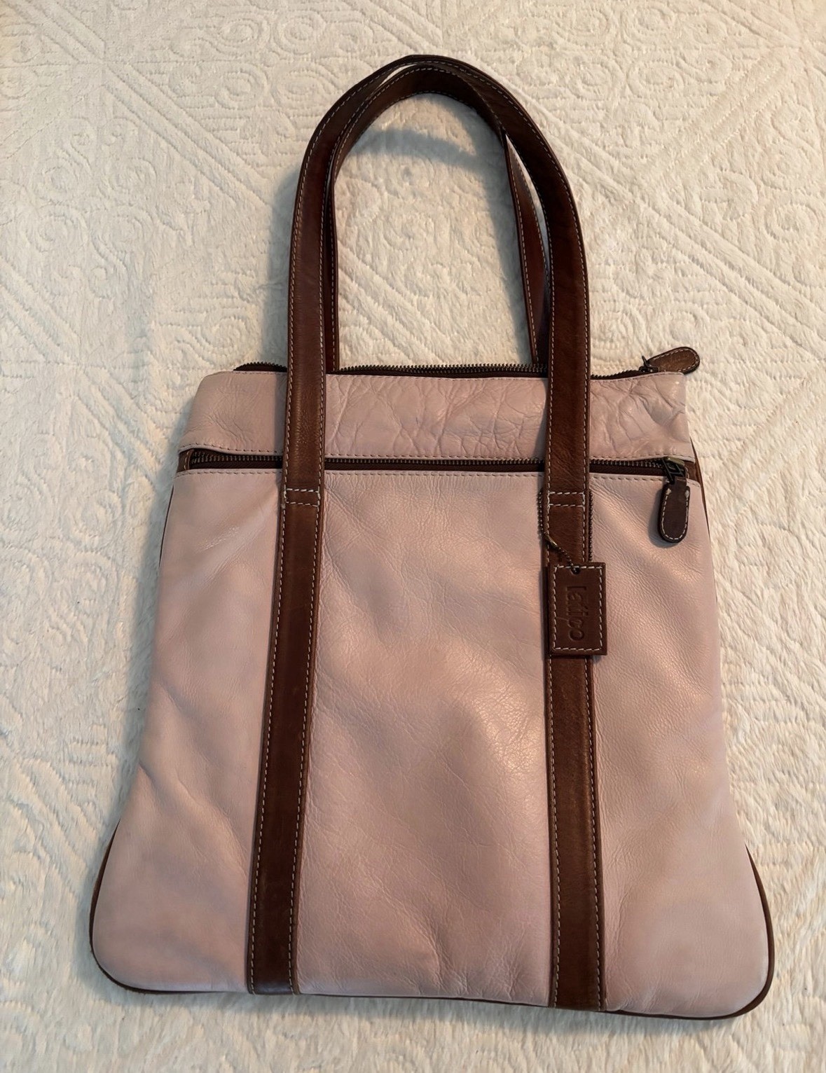 LATICO leather handbag pink pebbled leather exterior contrasting brown straps