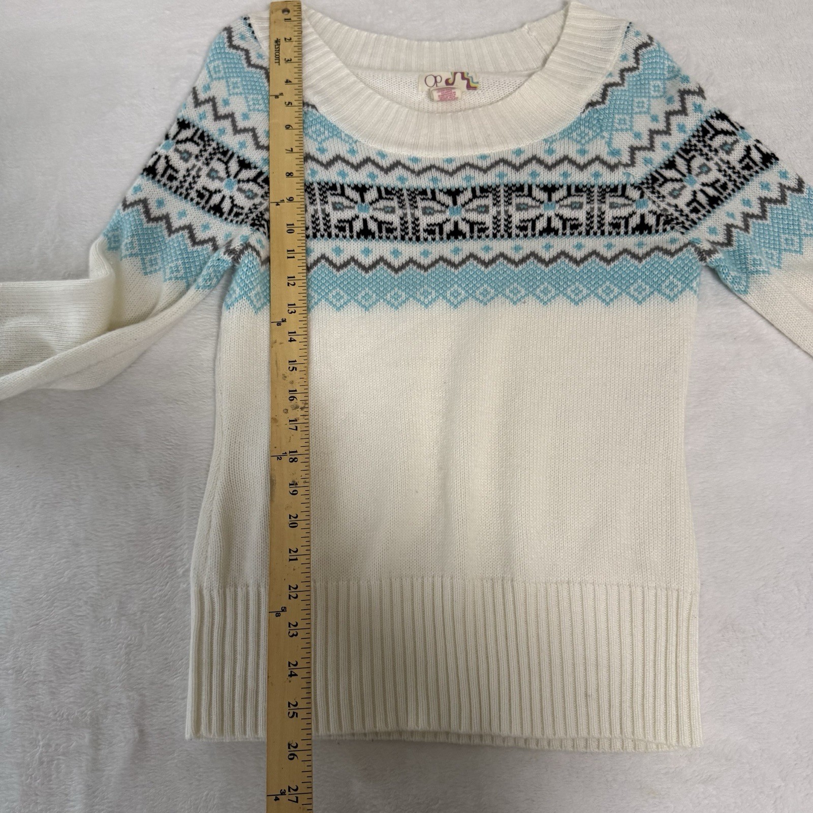 Y2K OP Juniors Sweater Large 11/13 Fair Isle White Blue Knit Crew Neck Pullover