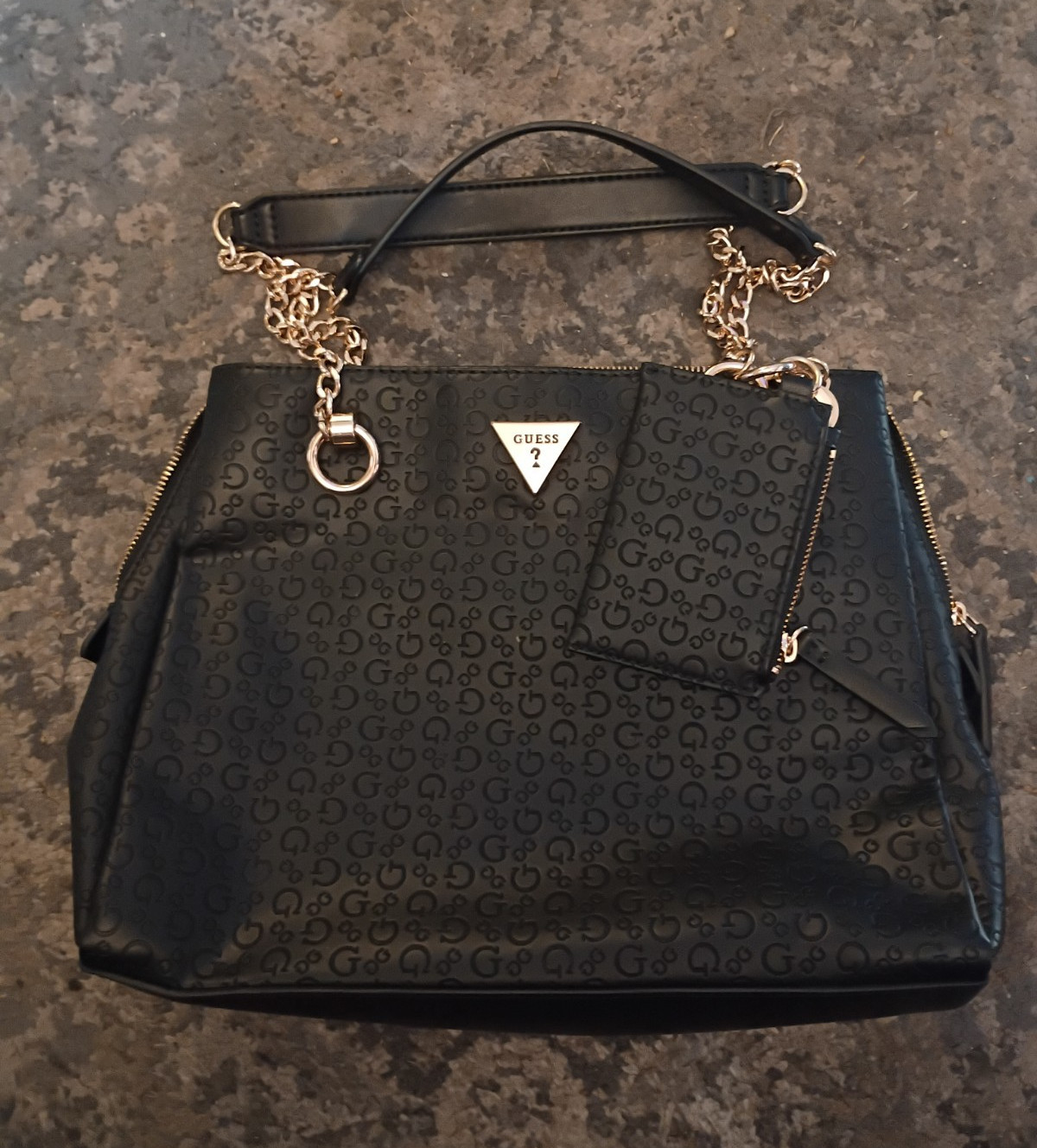 GUESS Women’s Black Logo Satchel Top Handle Bag Zip, Detachable Chain, Pouch