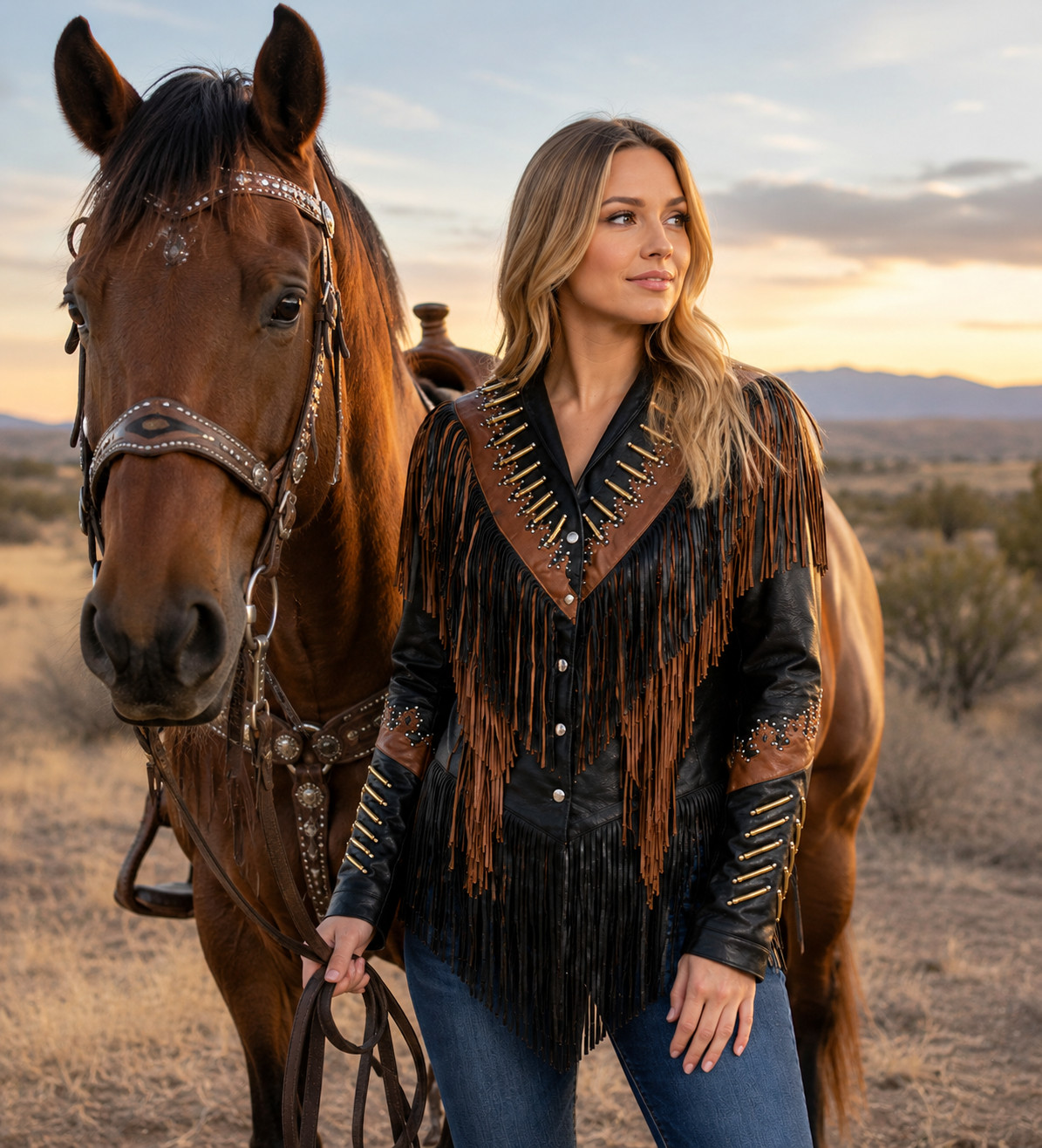 Women Native American Western Leather Jacket Lamb Fringe Beaded Cowboy Coat #11A