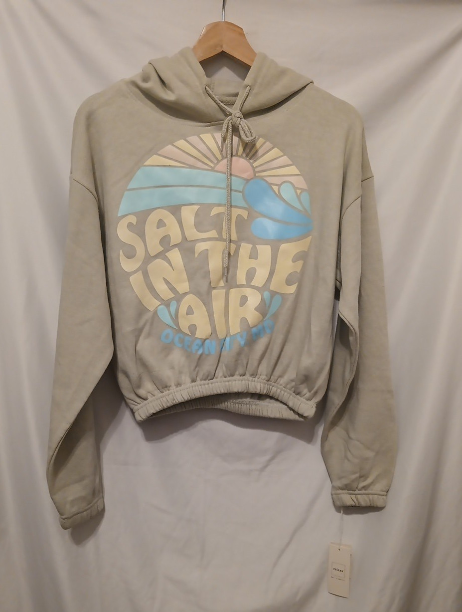 Relaxx Cropped Hoodie Women Medium Artichoke Green Drawcords Beach Surf Fleece