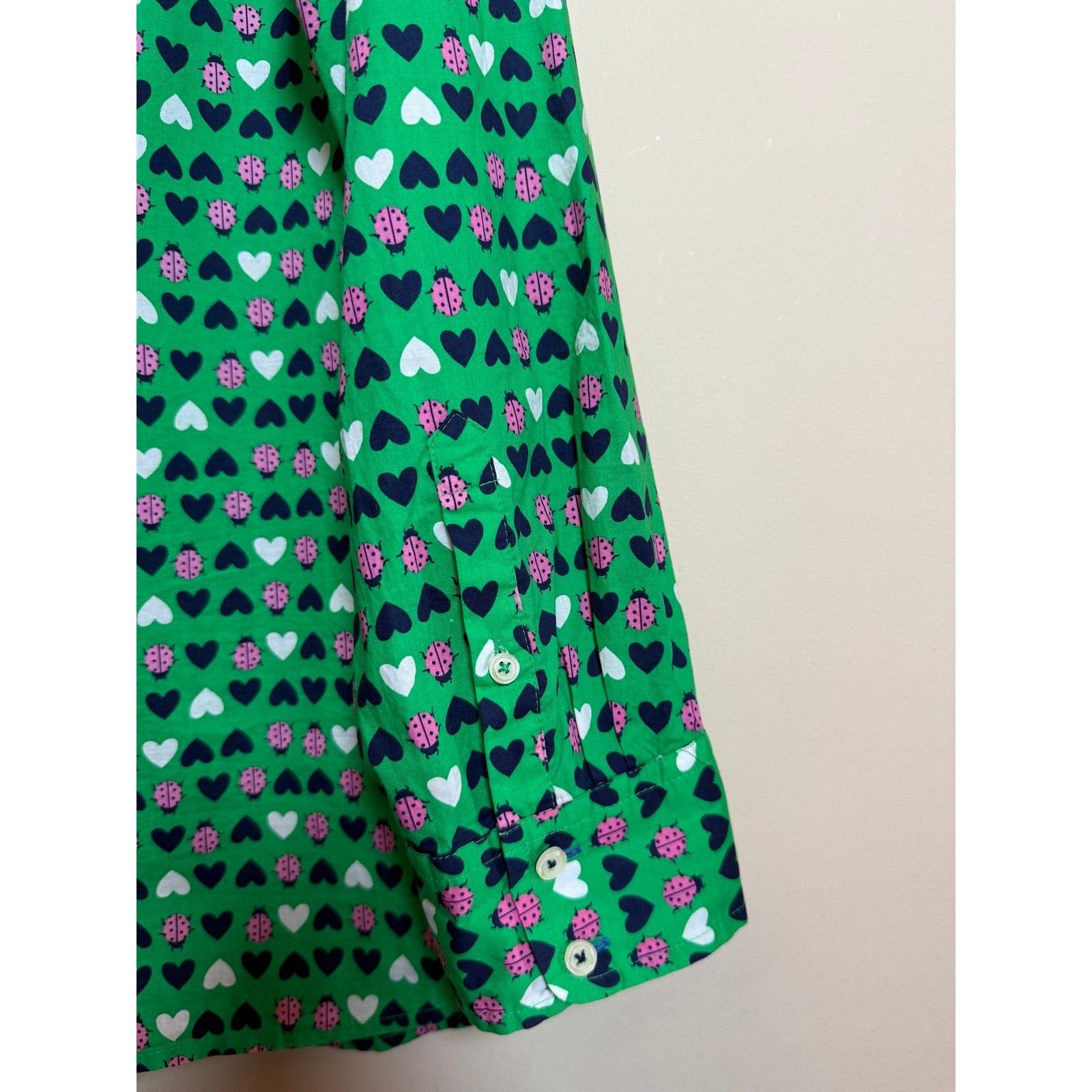 Talbots Green Ladybug Heart Print Button Down Shirt XL Womens Long Sleeve NWOT