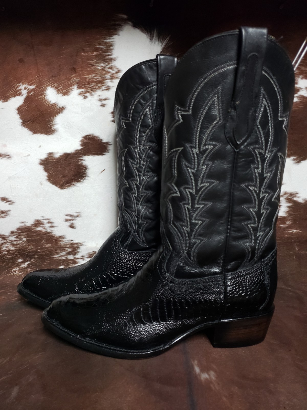 J Chisholm Vintage Genuine Ostrich Leg Black Western Cowboy Boots Mens 12 EE