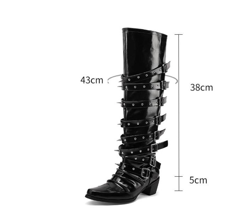 Rivet Cowgirl Knight Boots Women Pointy Toe Multi Buckles Low Heel Western Shoes