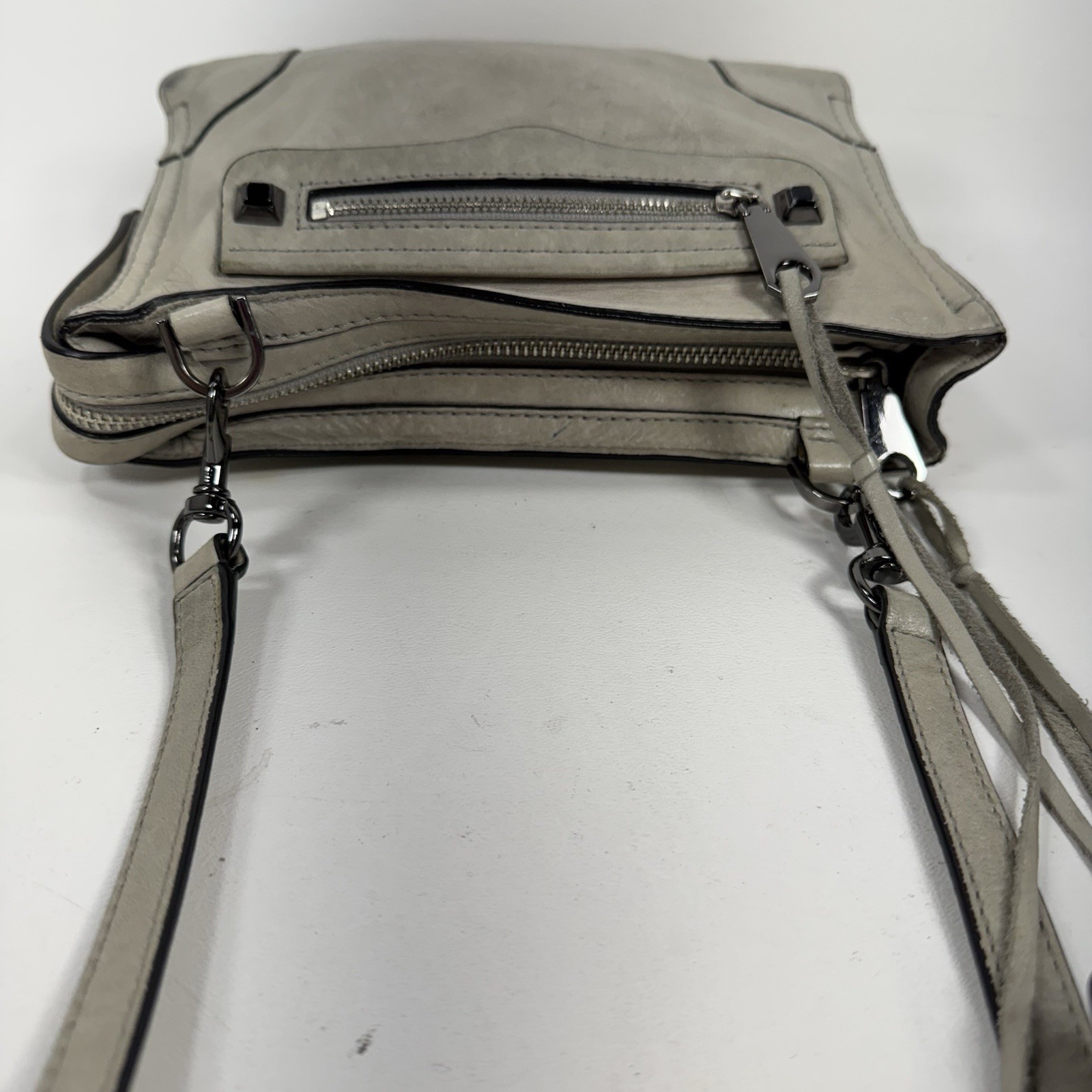 Rebecca Minkoff Gray Leather Mini Zip Top Crossbody Purse Bag w/ Bottom Studs