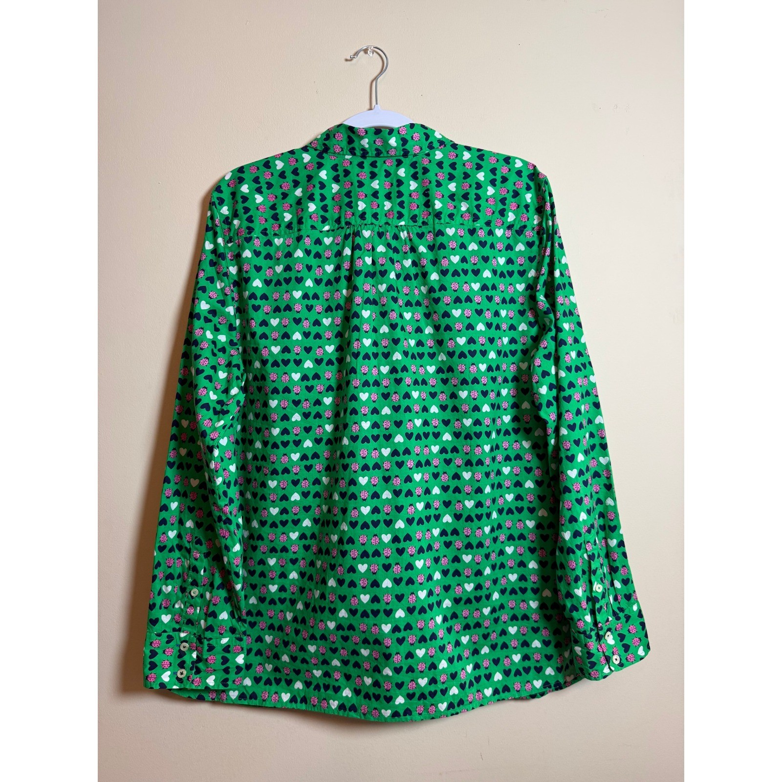 Talbots Green Ladybug Heart Print Button Down Shirt XL Womens Long Sleeve NWOT