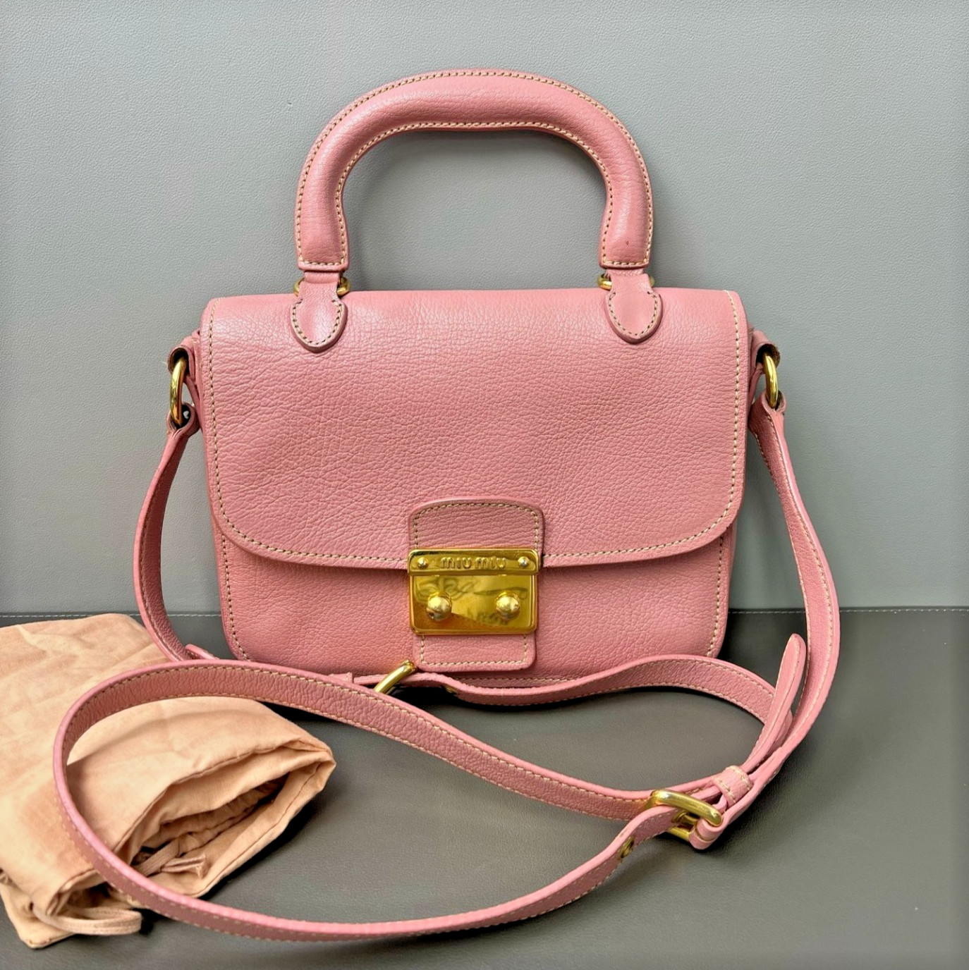 Authentic Miu Miu Top Handle Messenger Bag Pebbled Leather Messenger Bag Pink