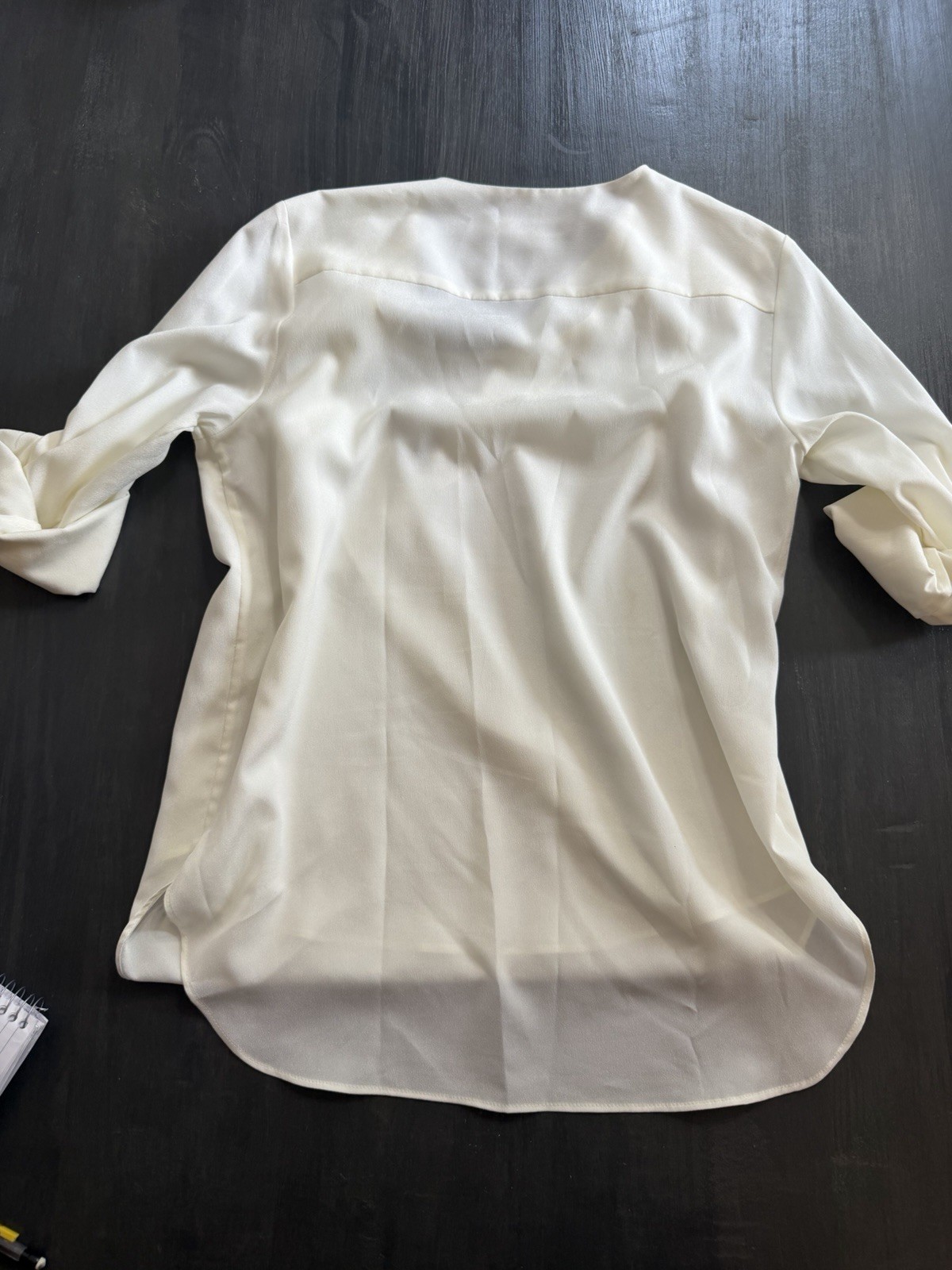 Calvin Klein XS Ivory Faux Wrap Blouse Gold Zip Shoulder 3/4 Sleeve Top