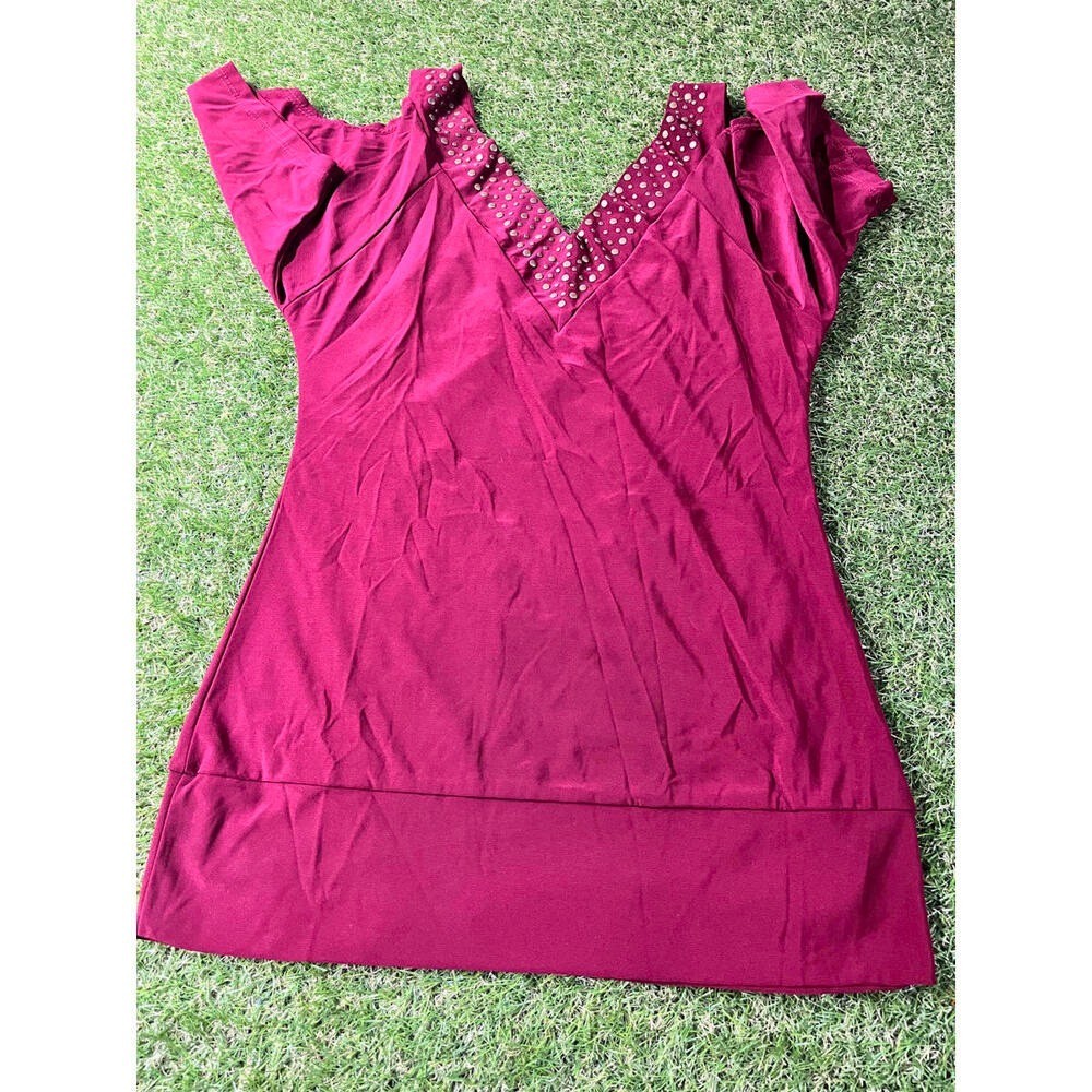 Liberty Wear Burgundy Studded V-Neck Top, Small, Made in USA