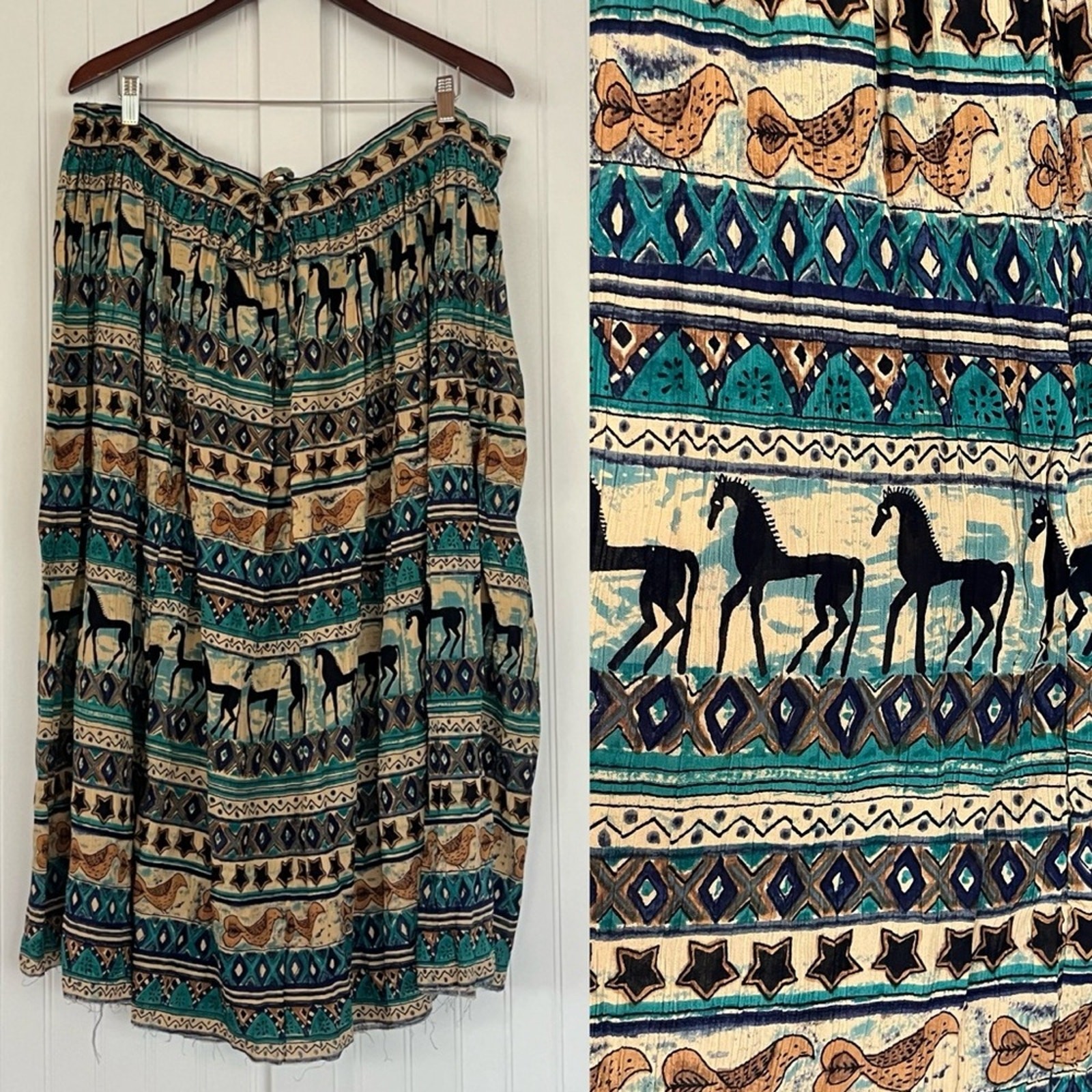Vintage Bohemian Hippie Skirt Tribal African Pattern Horses Birds Stars 4X