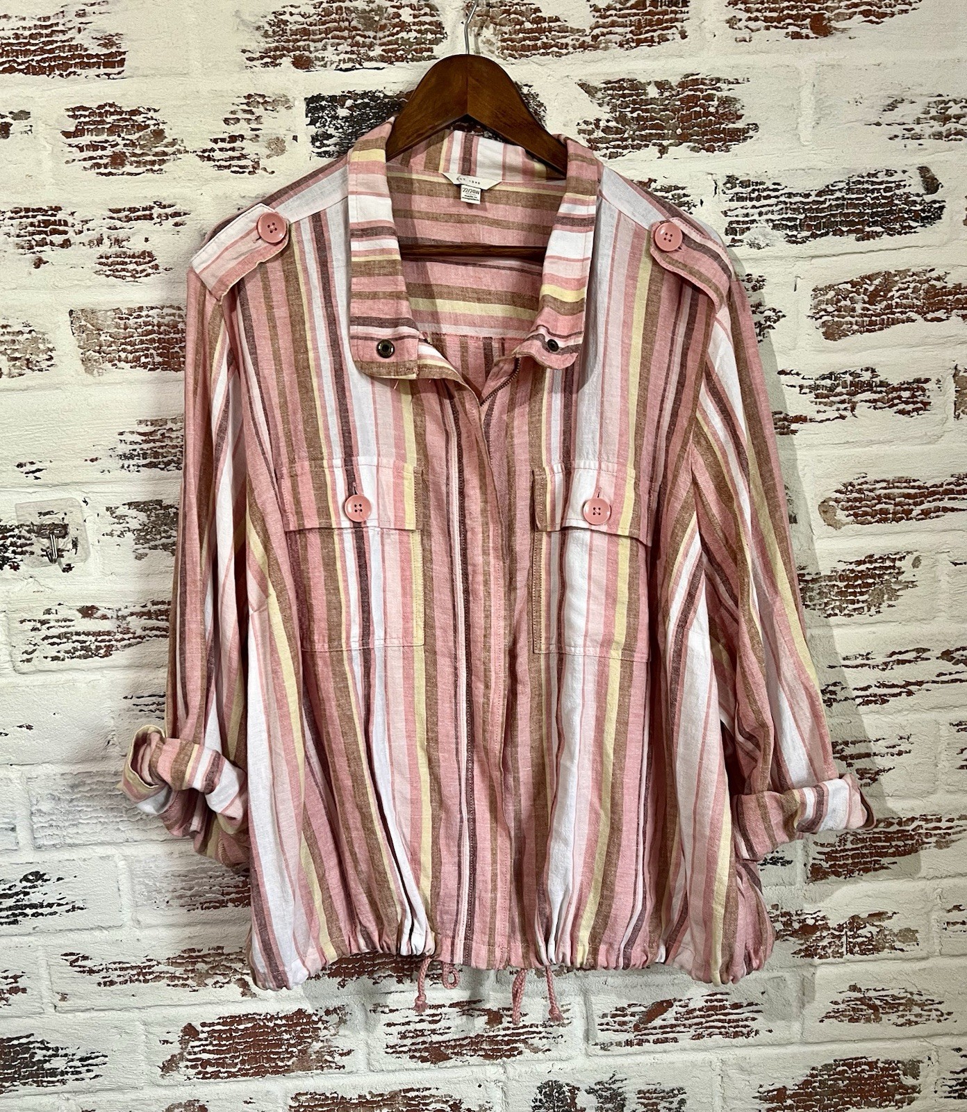 C EST 1946 Shirt Shacket Linen Blend Zip Up Roll Tab Sleeves Drawstring Hem