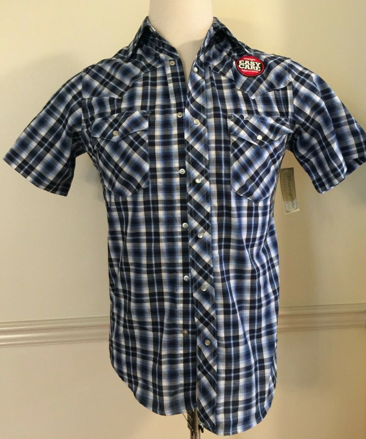 NWT Men Wrangler Easy Care SNAP Short Sleeve S/S Shirt Cotton Blend Blue Plaid S