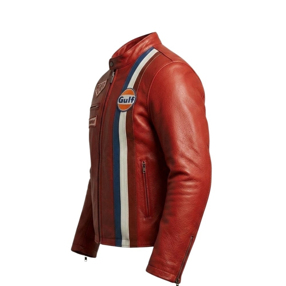 Gulf Red Biker Jacket Heuer Steve McQueen Racing Style Stripes Jacket