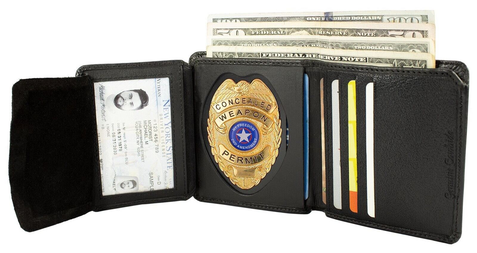 Genuine Leather Trifold Badge Holder Wallet Shield Law Enforcement Wallel Black
