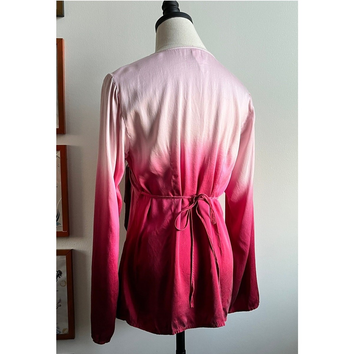 Vintage 90s Silk Wrap Top | Red Pink Ombre Bias Cut Blouse Tie Waist | M/L