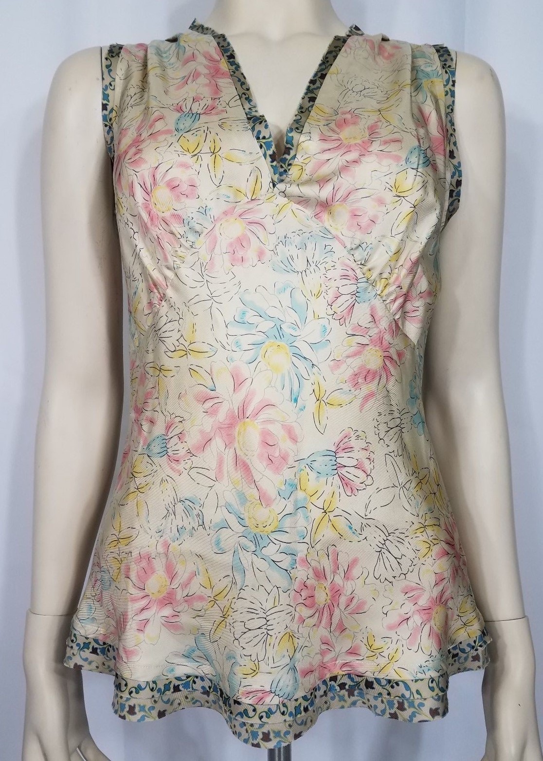 Sundance ivory pink blue floral silk v-neck sleeveless blouse shirt ladies 4