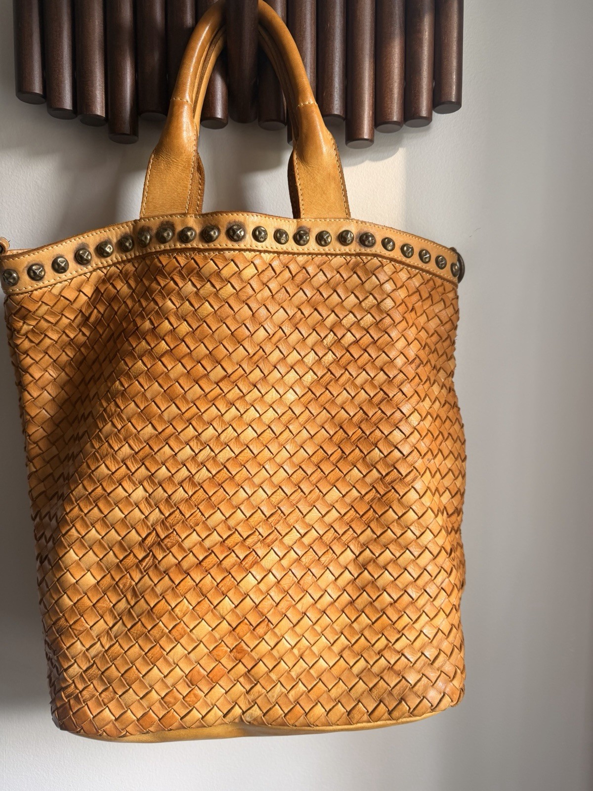 Costanza Rota Italian Woven Leather Tote Bag Studded Mustard Yellow Handbag Big