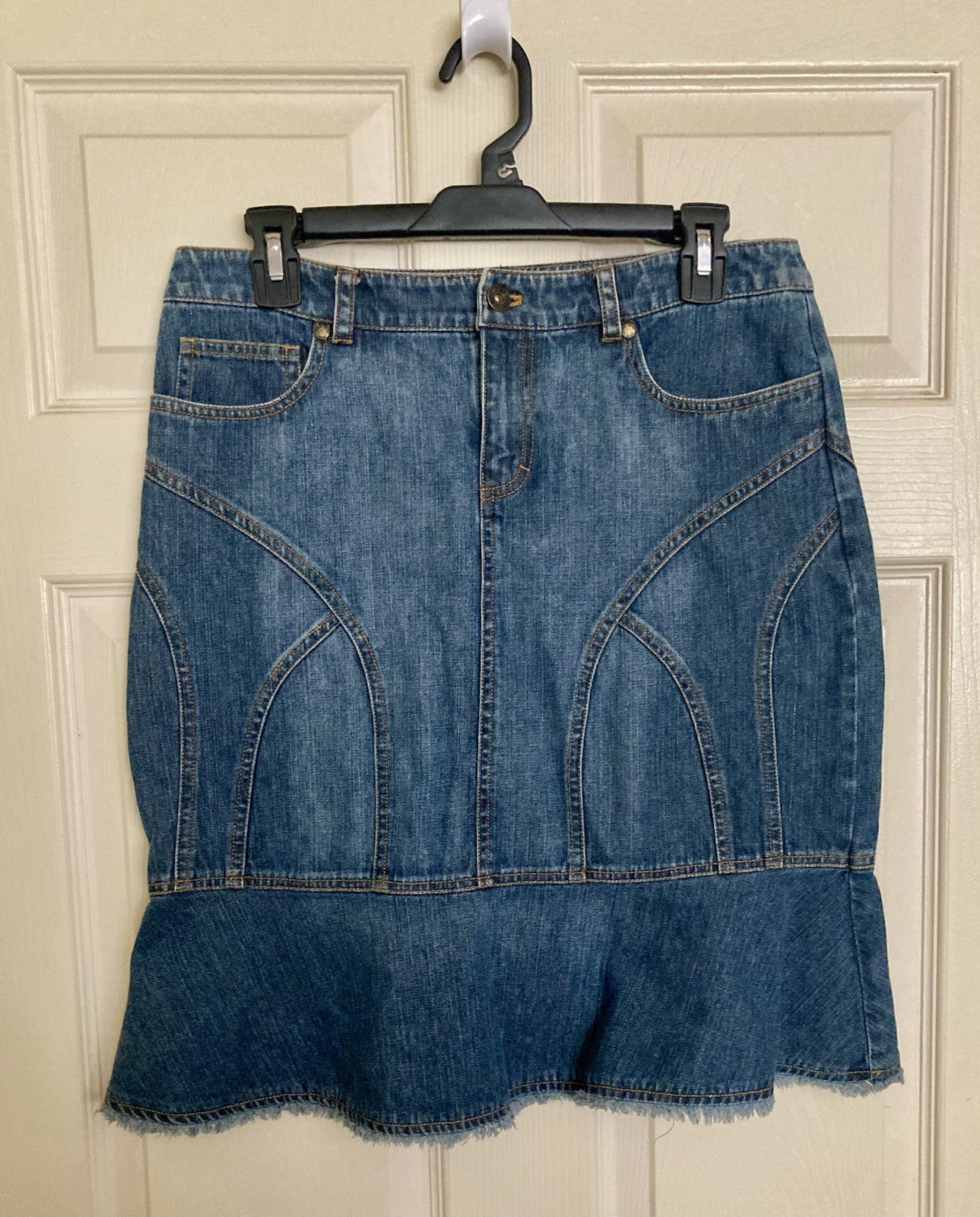 VTG 90s Phoebe Buffay Denim Skirt Ruffle Bottom Raw Hem Size 8 *See Details