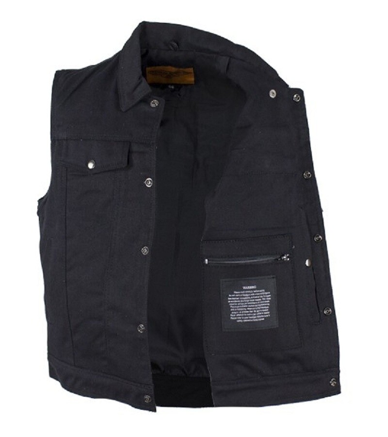 MENS DENIM MOTORCYCLE BLACK VEST w/ BUTTONED FRONT CLOSURE~GUN POCKETS – UDC66