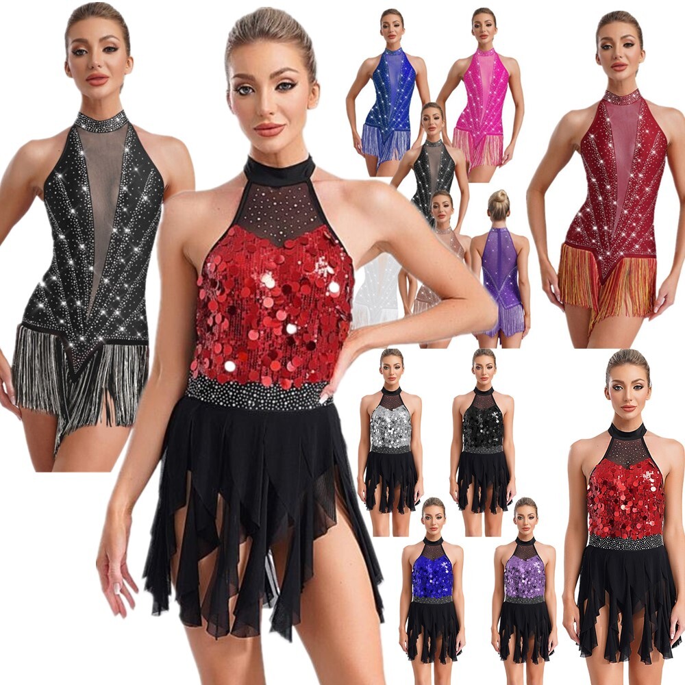 Women~Modern Dance Costume Sleeveless Sequin Tassel Latin Jazz Leotard Bodysuit