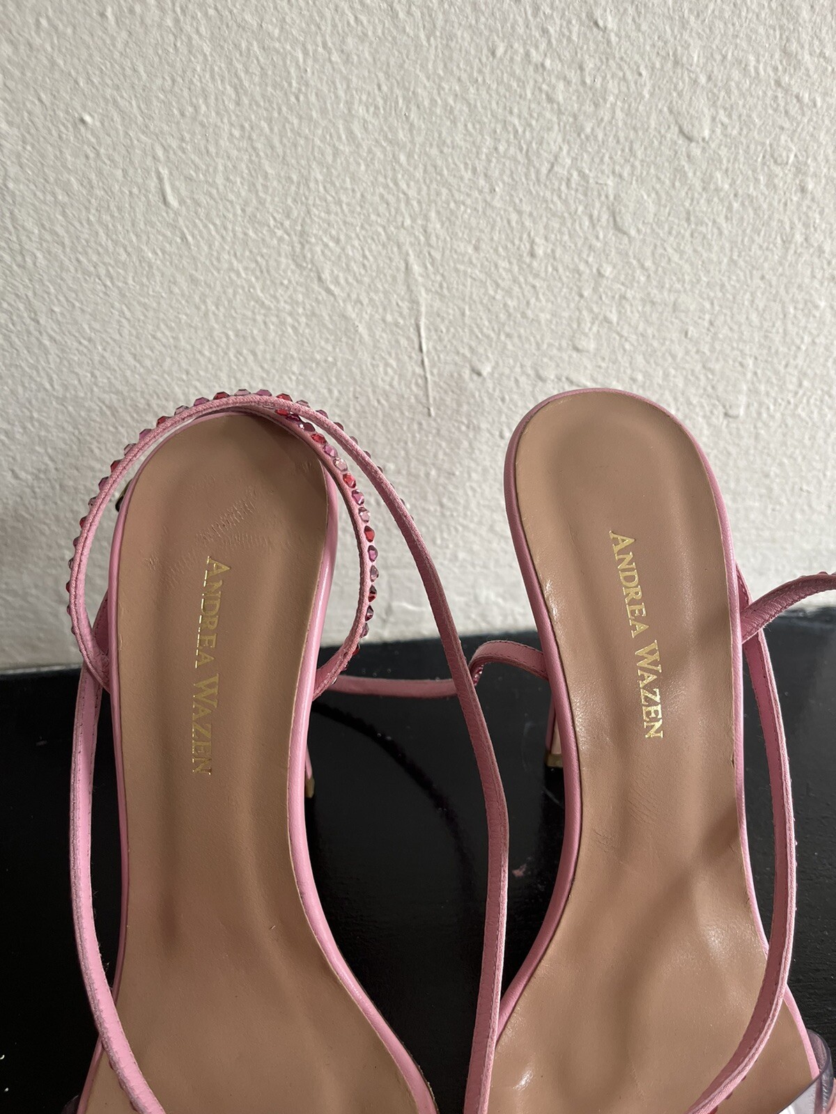 Andrea Wazen Dassy Crystal Pink Leather Heeled Satin Sandals Size 39