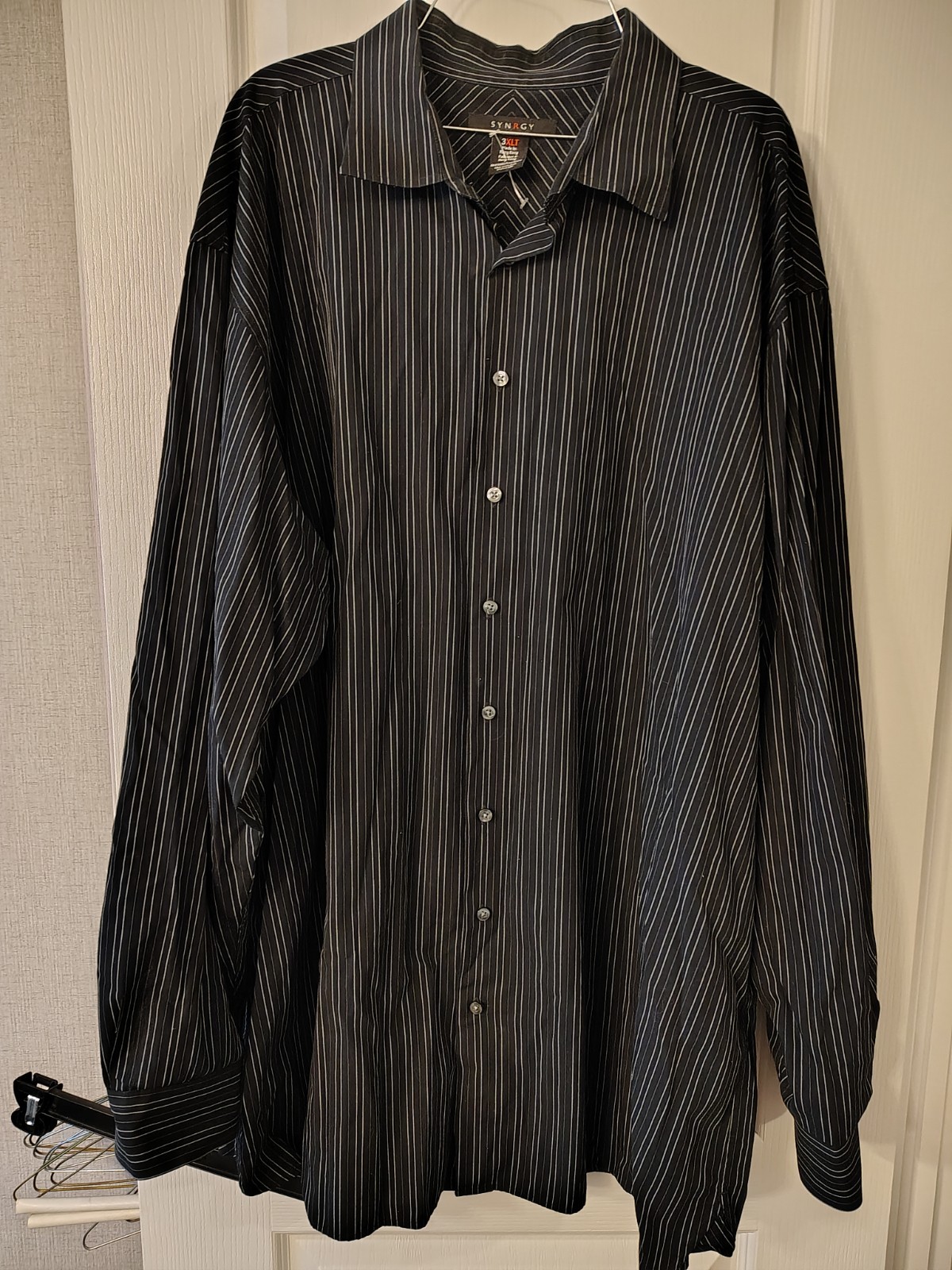 Synergy Men’s Dress Shirt 3XLT Big & Tall Black White Striped 36/37 Reg
