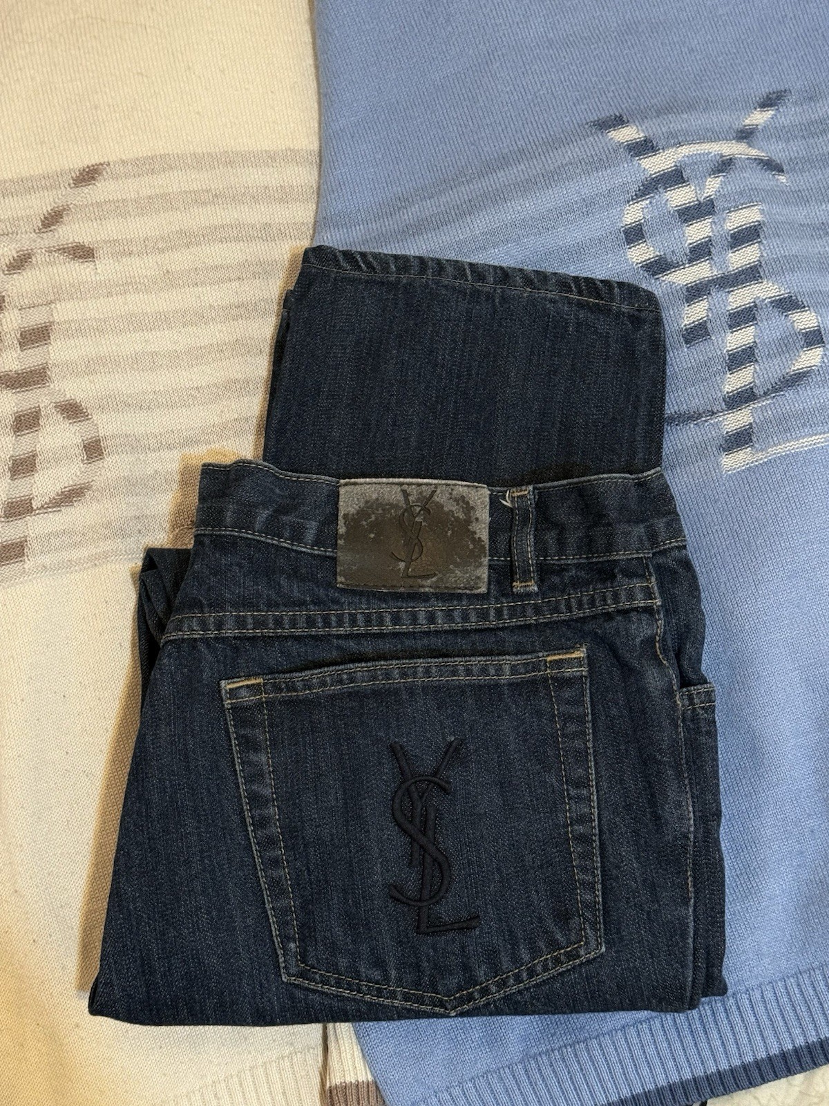 34×30 YSL Jeans Pants Big Logo Indigo Selvedge Yves Saint Laurent Y2K