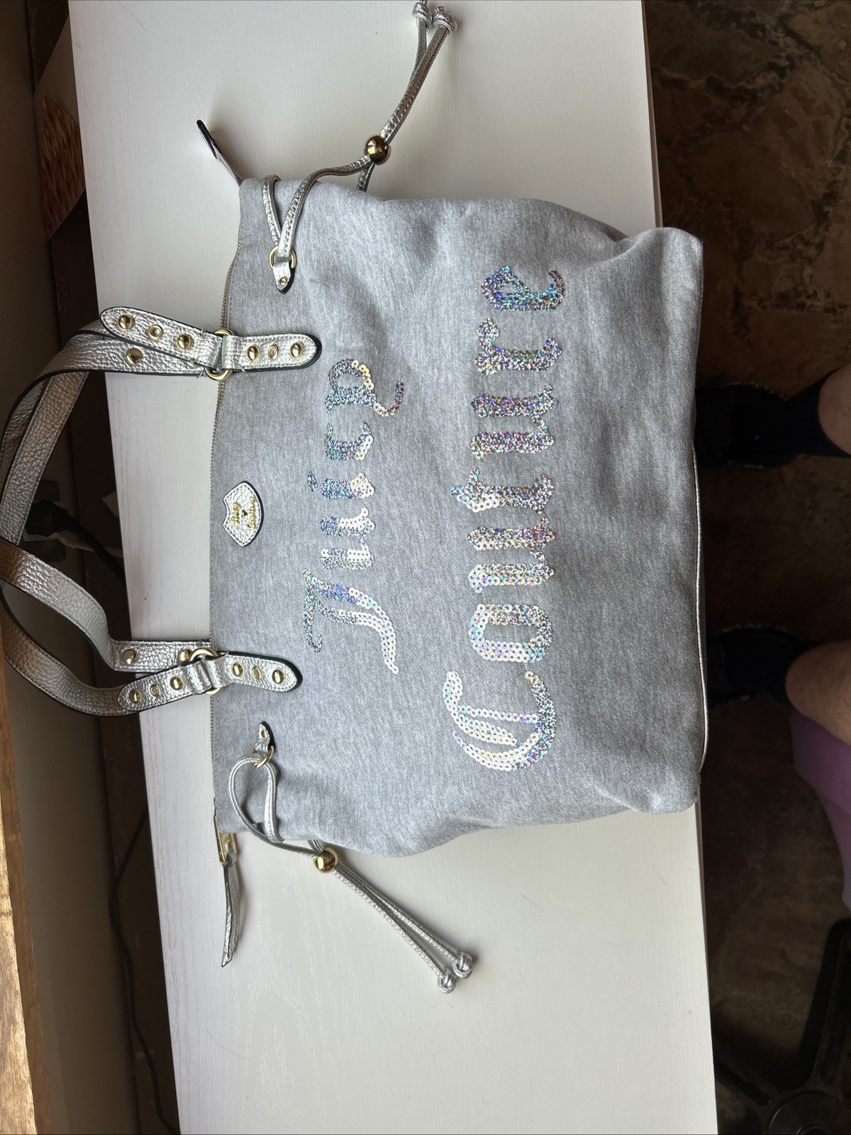 Vintage Juicy Couture Gray Silver Iridescent Sequin Logo Jersey Zip Tote NWOT