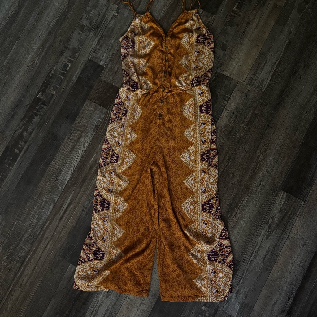 Boho Mustard Print Wide Leg Jumpsuit Women’s Cropped Romper