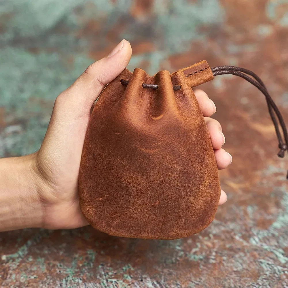 Leather Wallet Coin Pouch Case Drawstring String Bag Small Purse For Men Women