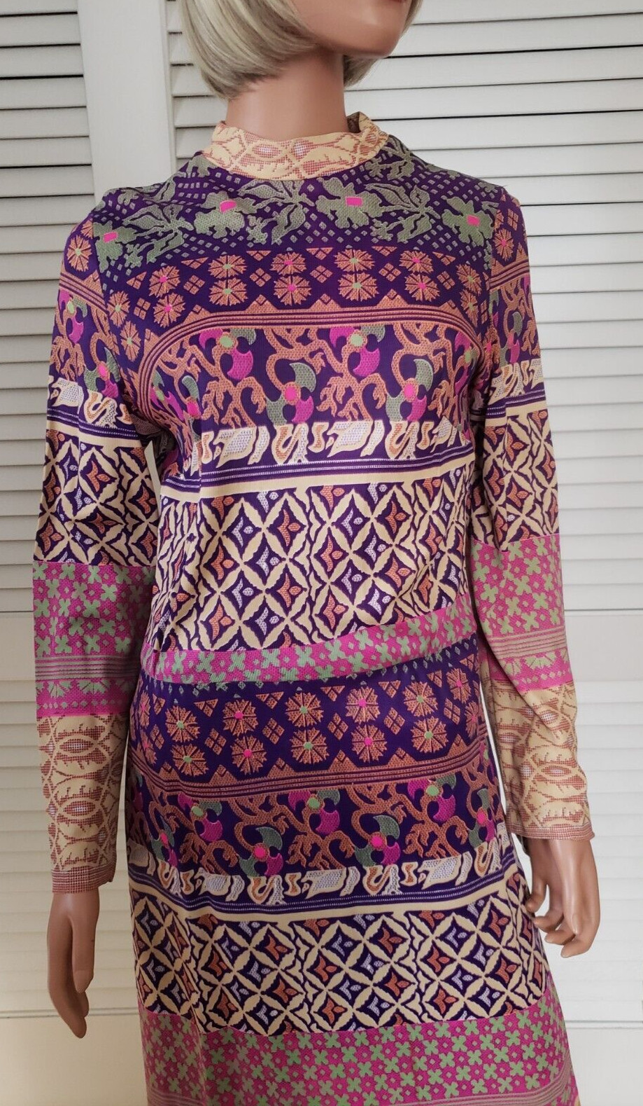 Vintage 1970s Mod Purple Pink Green Orange Beige Column Maxi Dress Size S/M