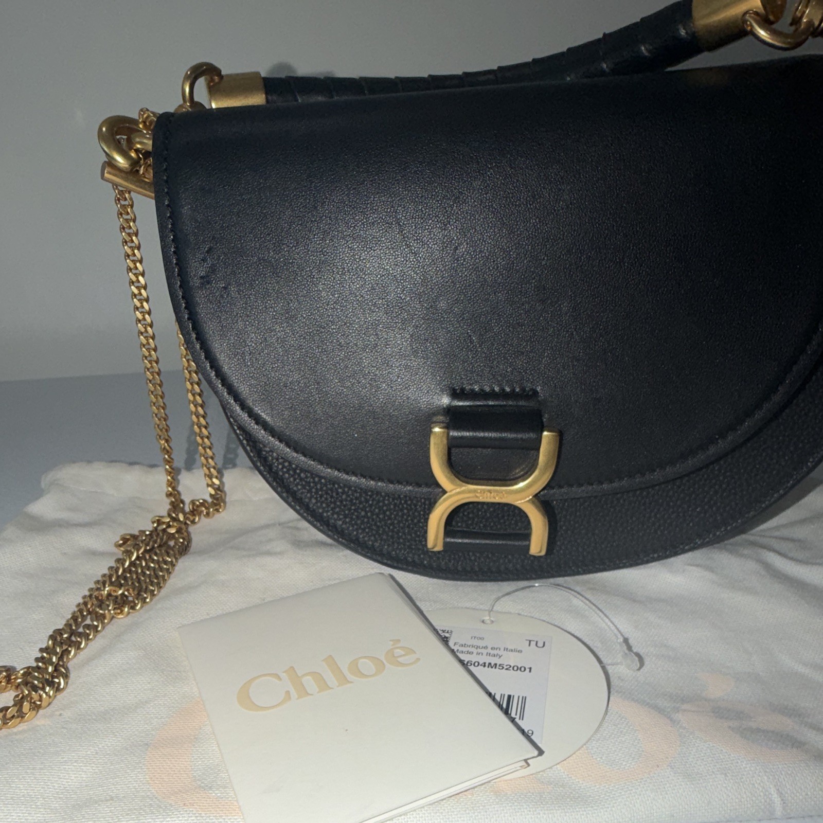 Chloé Women’s Black Half Moon Shoulder Bag Top Handle Chain Strap Gold Hardware