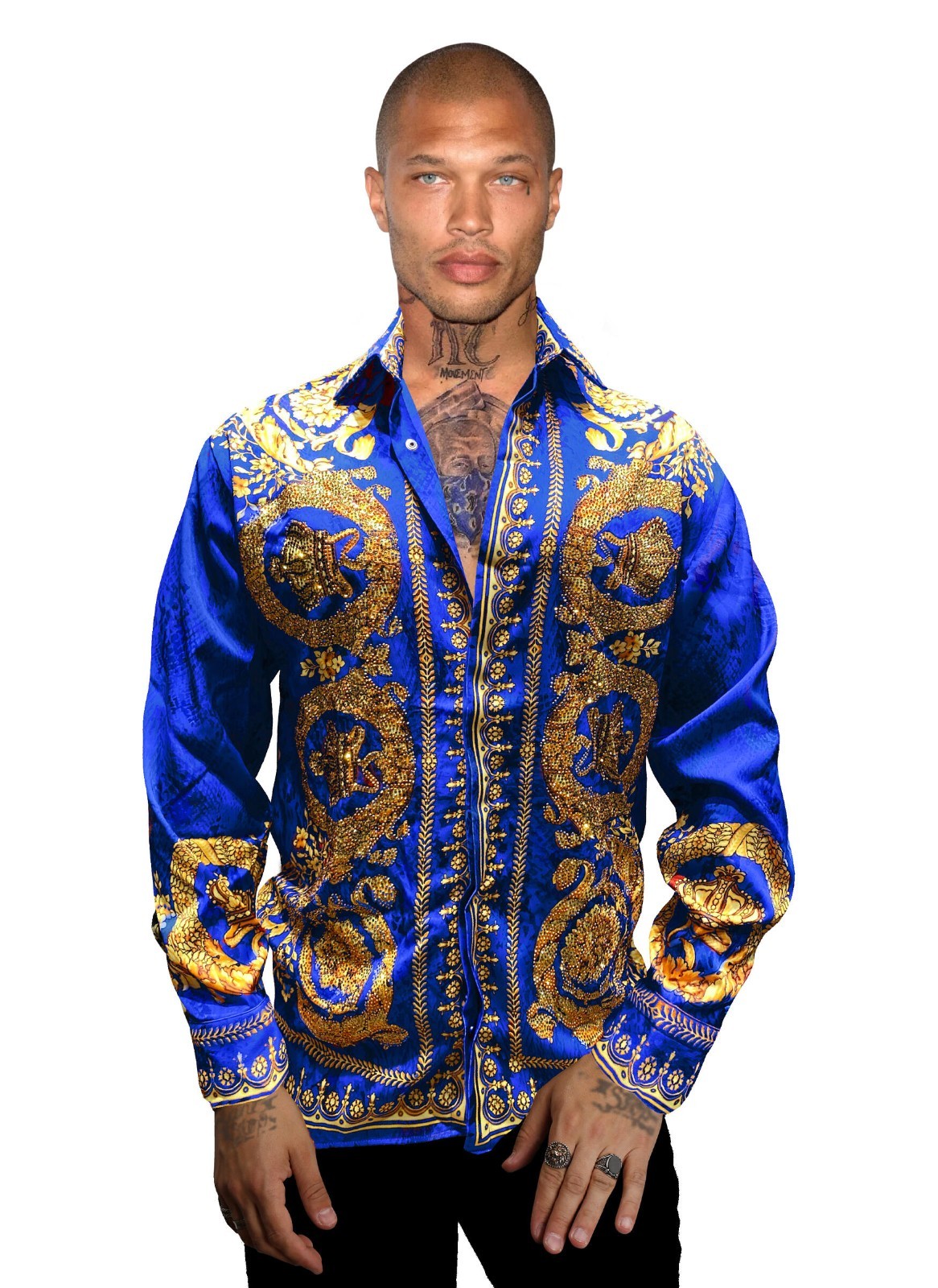 Avenue George V Paris Men’s Long Sleeves Shirt Blue Diamond Golden Rhinestone